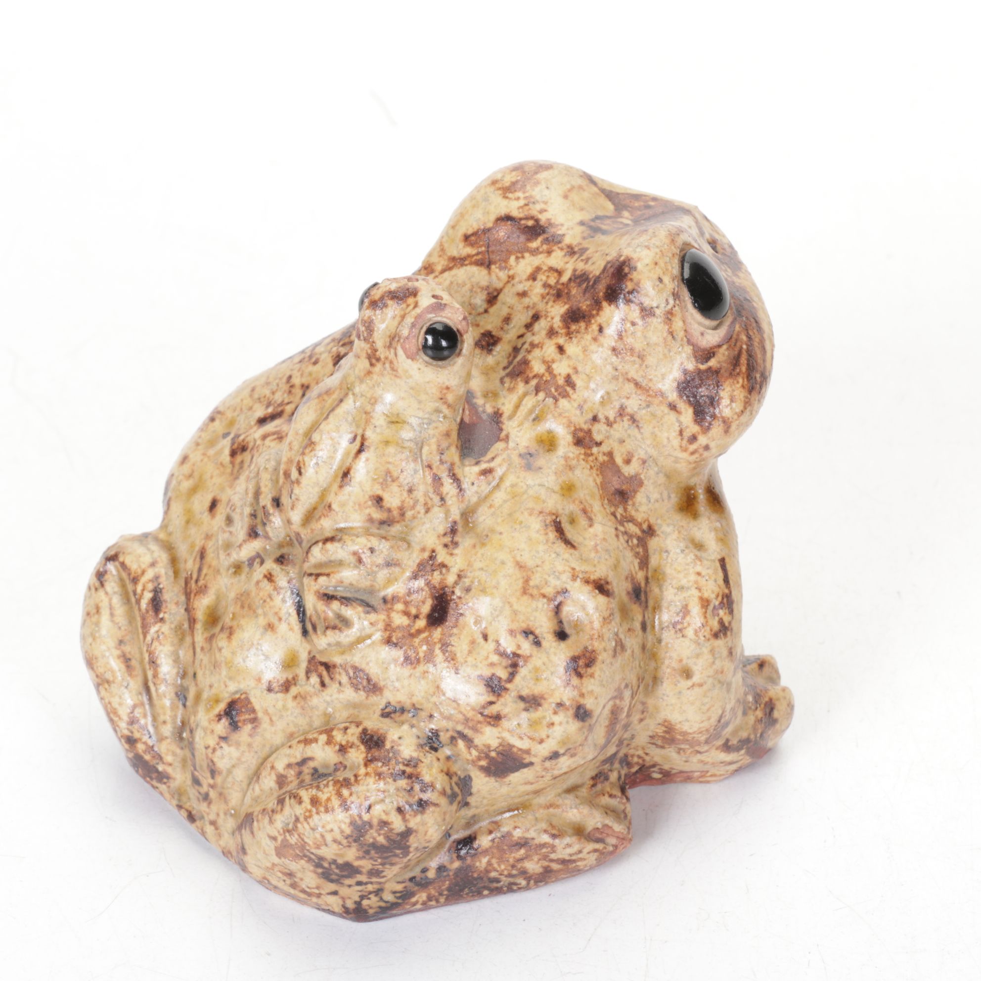 Brass School Bell, Pottery Frog, and Woven Lidded Basket