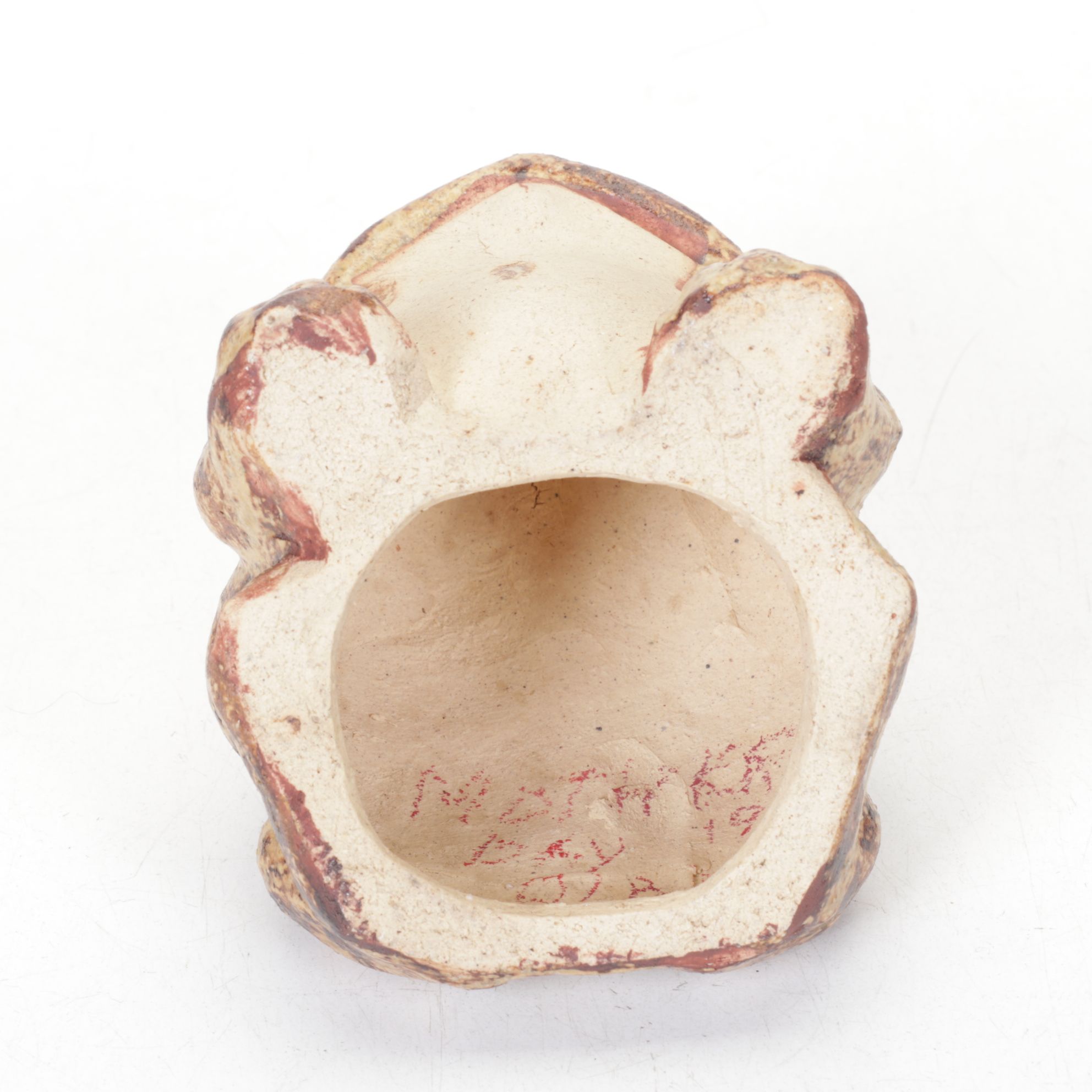 Brass School Bell, Pottery Frog, and Woven Lidded Basket