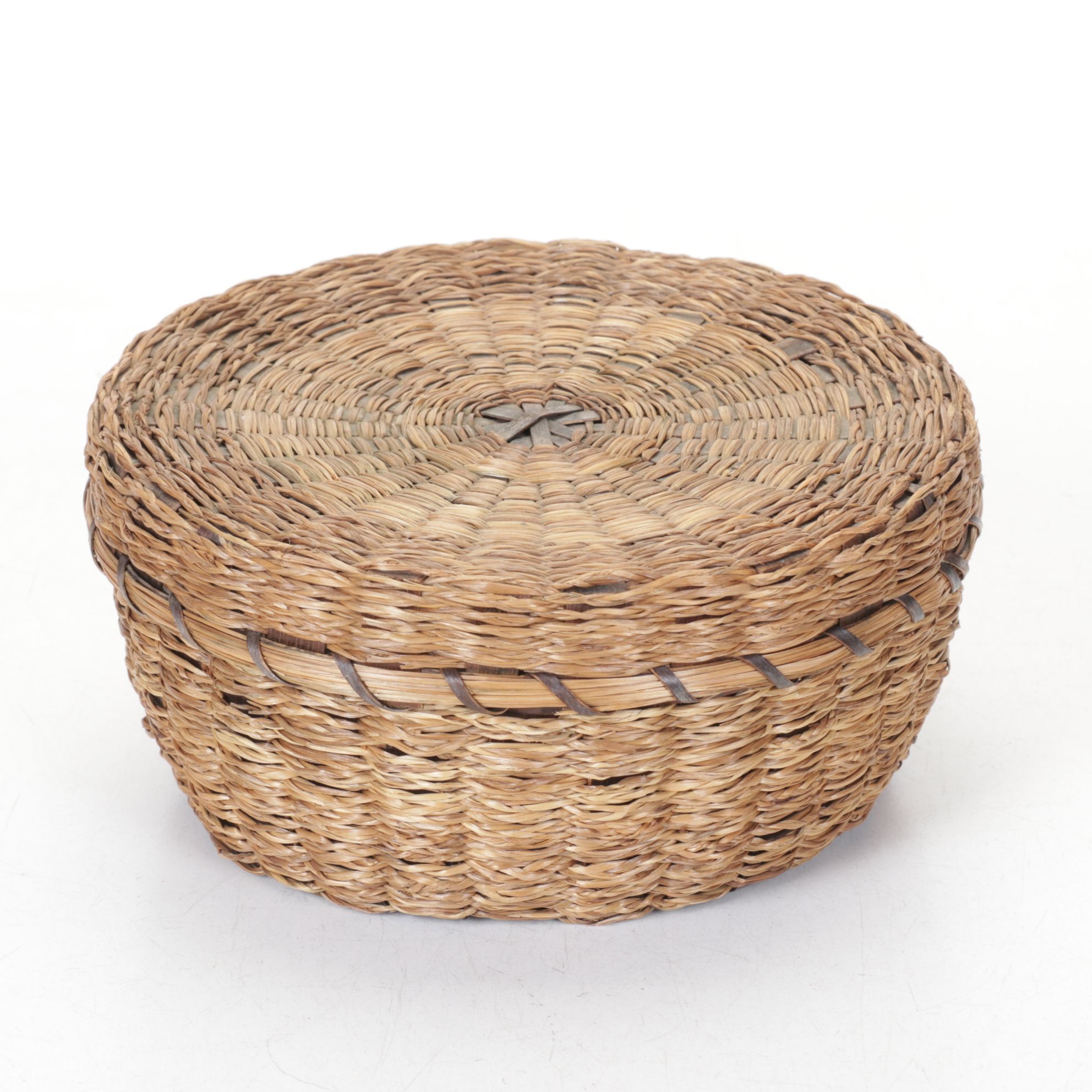 Brass School Bell, Pottery Frog, and Woven Lidded Basket