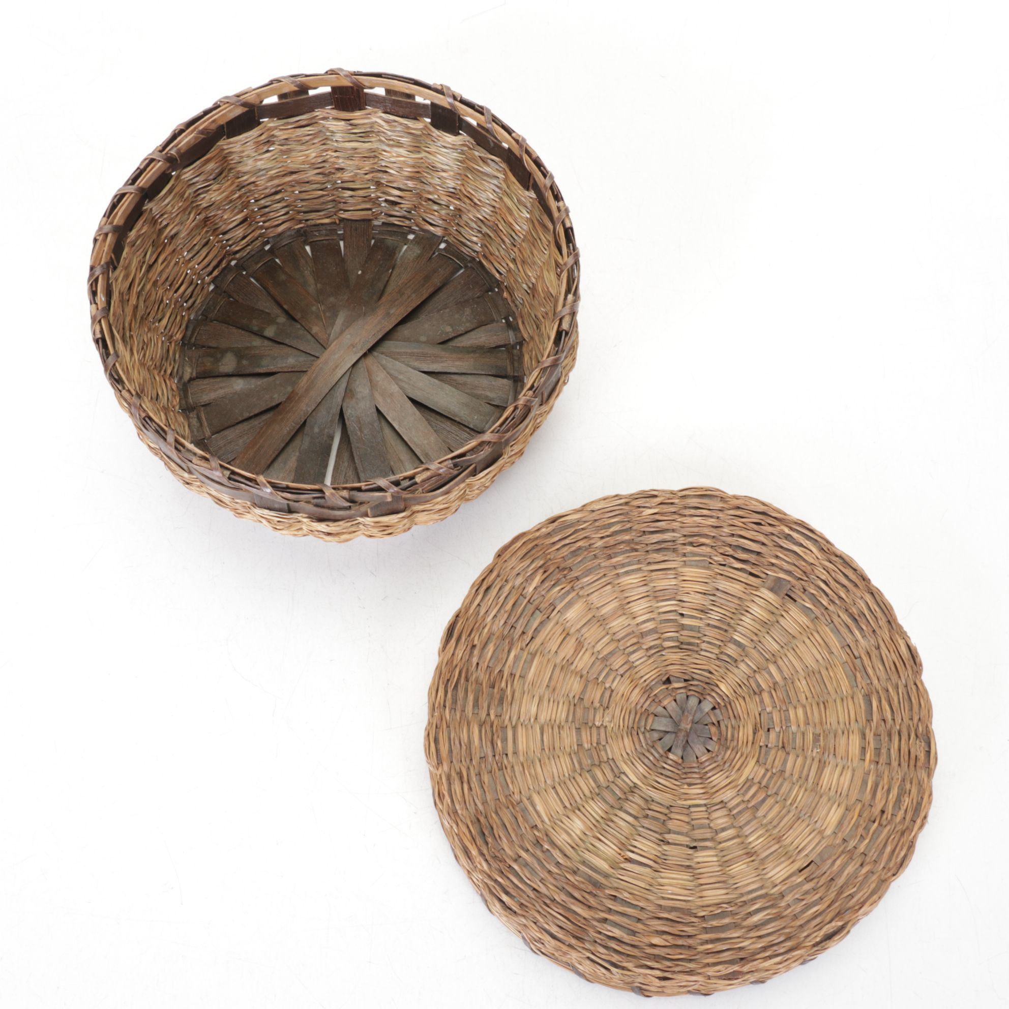 Brass School Bell, Pottery Frog, and Woven Lidded Basket