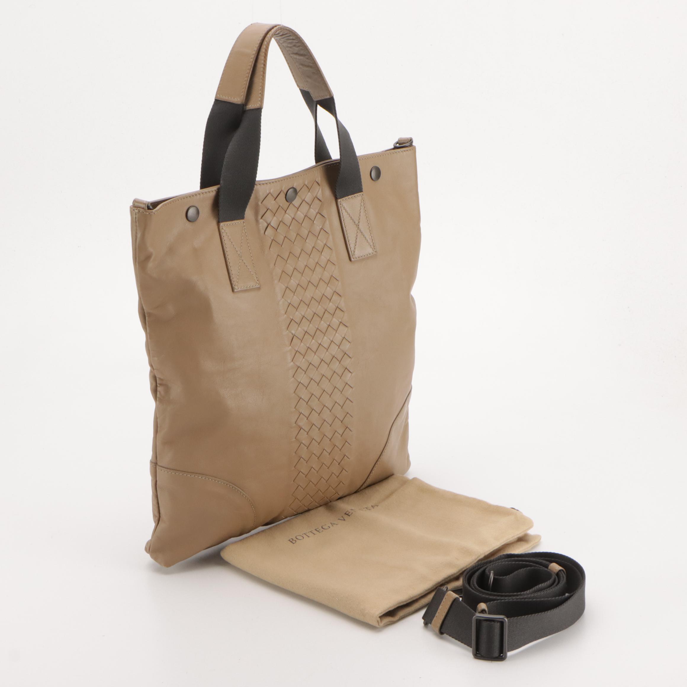Bottega Veneta Flat Two-Way Tote in Beige Leather with Intrecciato Accents