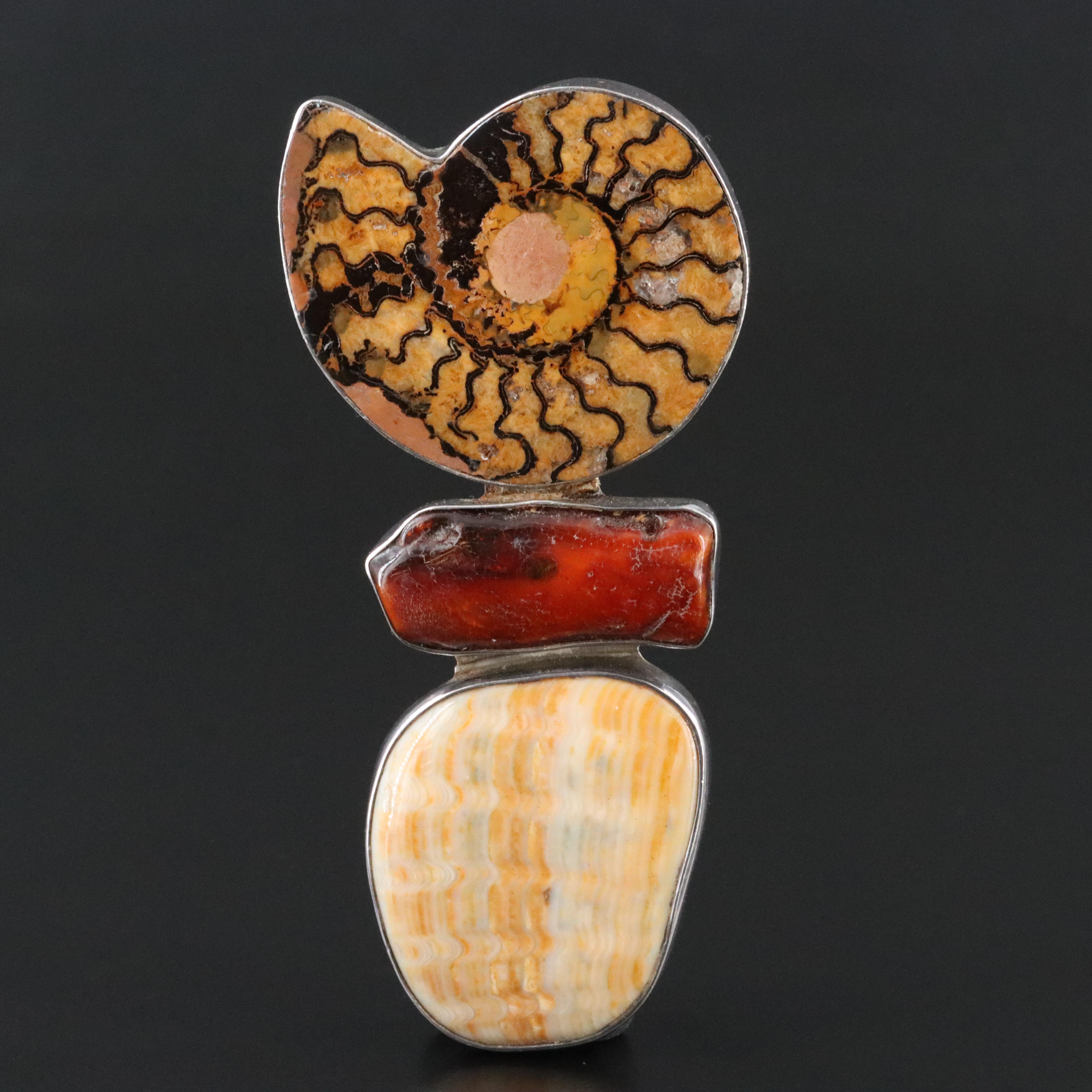 Echo the Dreamer Sterling Ammonite, Amber and Fossilized Shell Converter Brooch