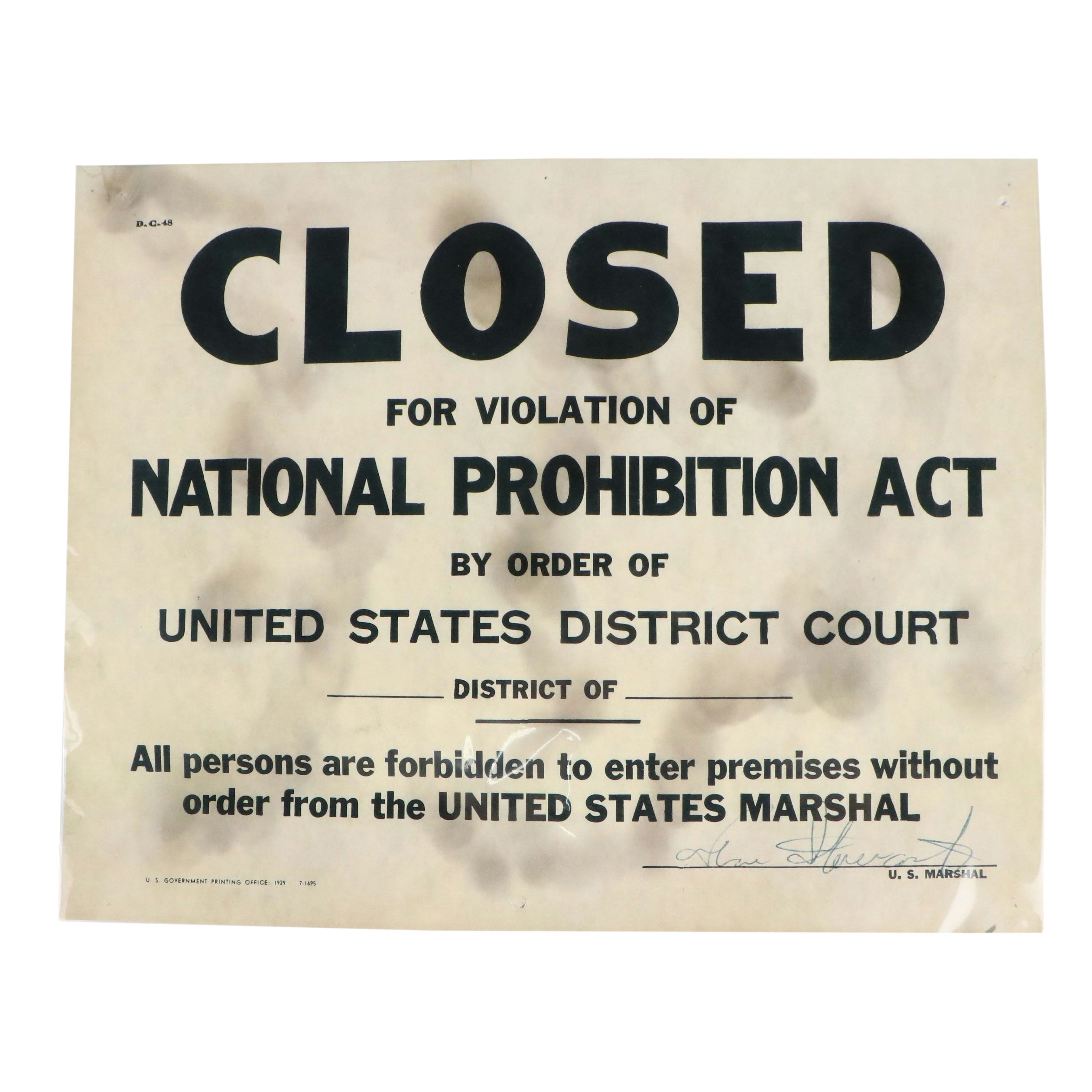 "Closed for Violation of National Prohibition Act" Paper Sign