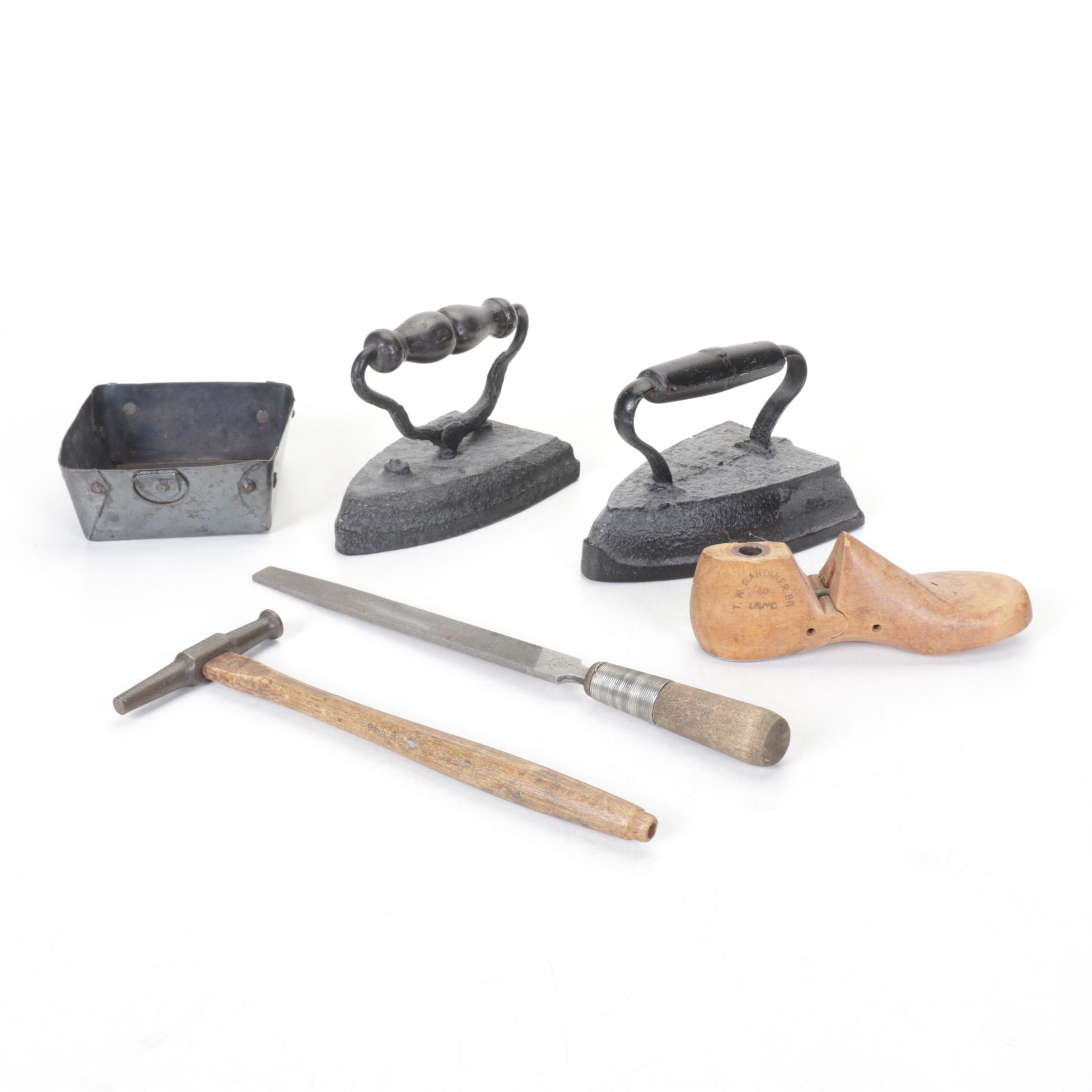 Two Cast Iron Sad Irons, Shoe Form, Tack Hammer and More