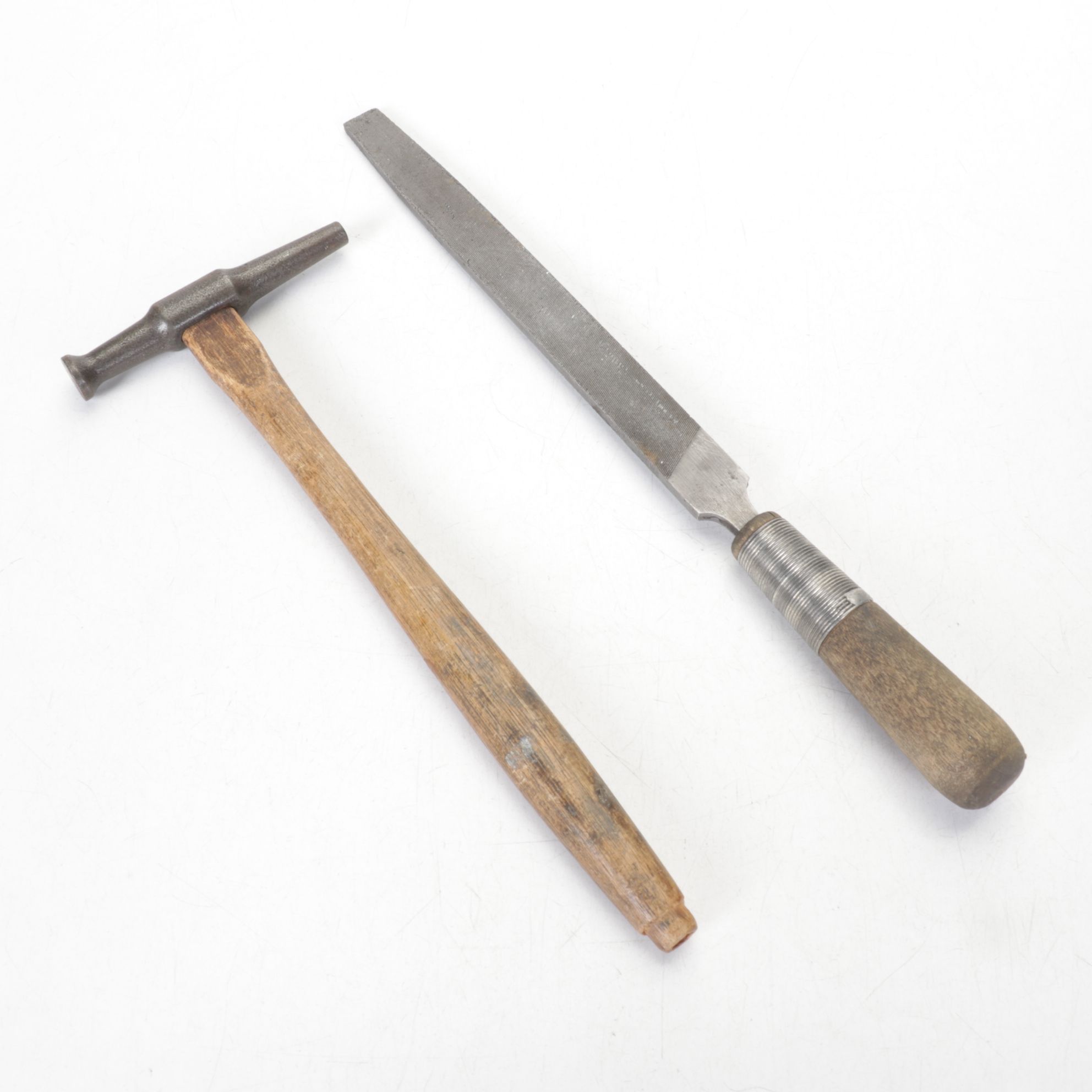 Two Cast Iron Sad Irons, Shoe Form, Tack Hammer and More