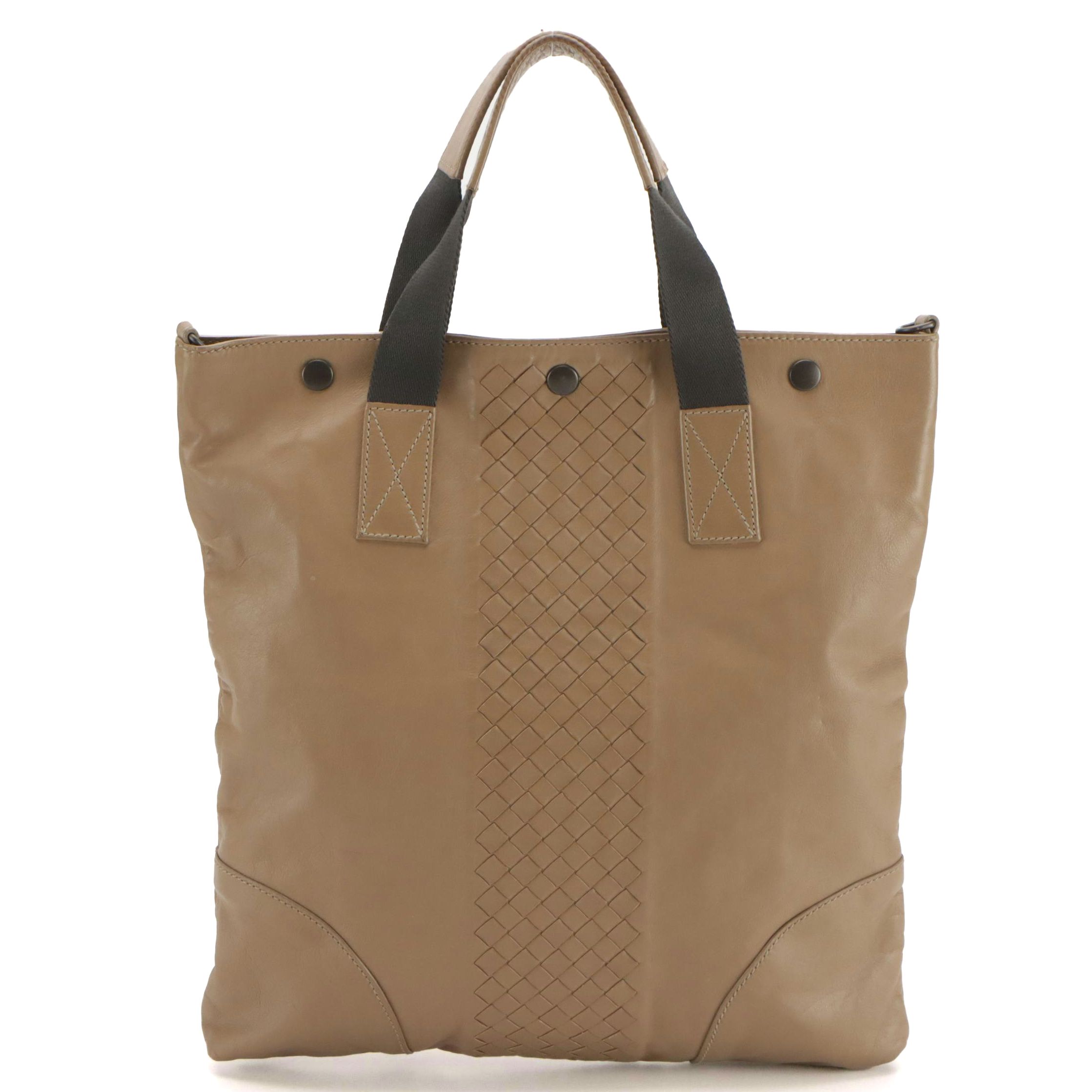 Bottega Veneta Flat Two-Way Tote in Beige Leather with Intrecciato Accents