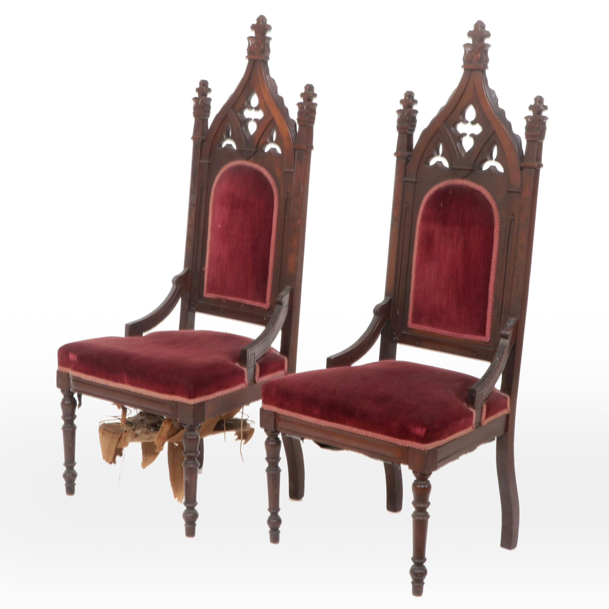 Pair of Victorian Gothic Revival Carved Walnut Side Chairs, 19th Century