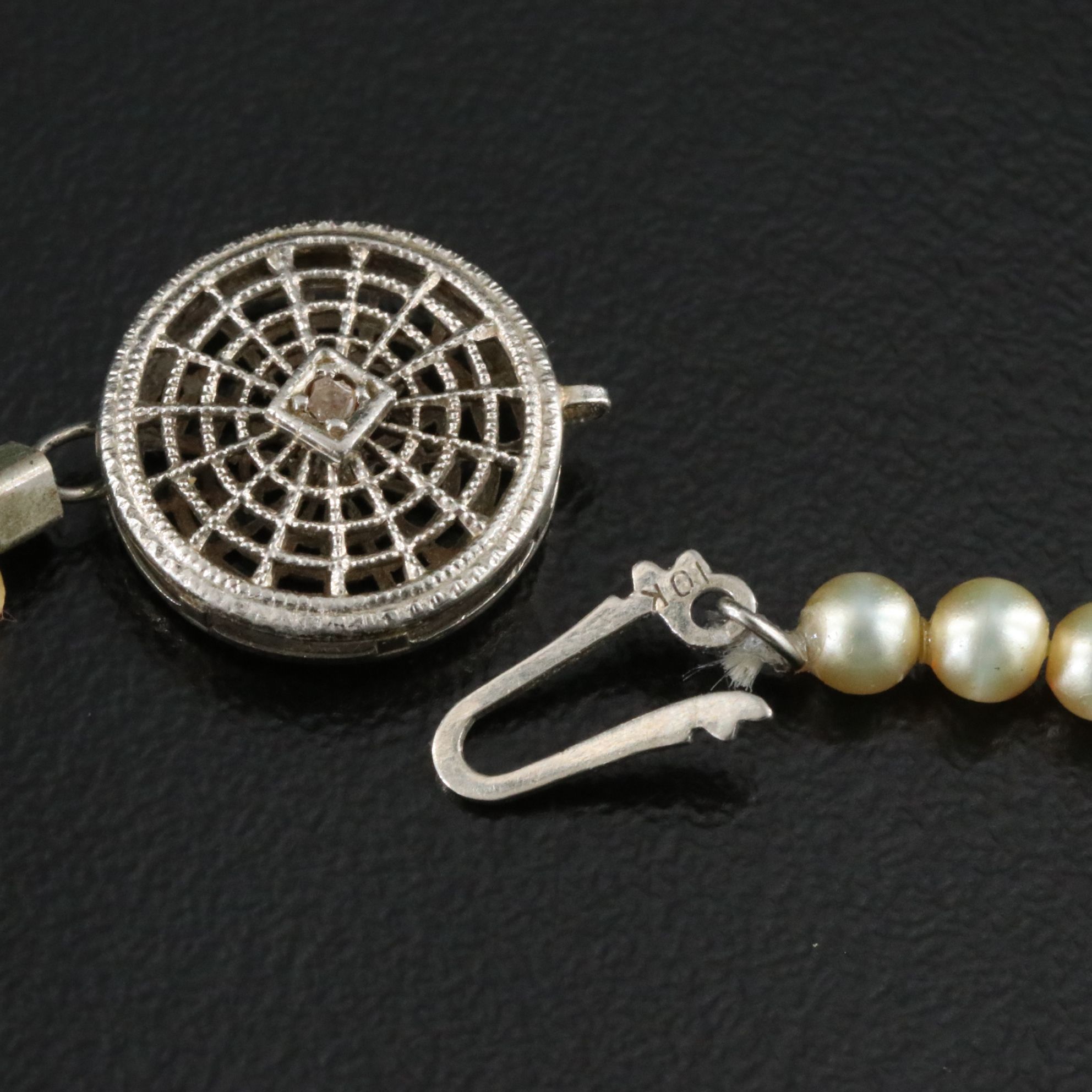 Vintage Faux Pearl Necklace with 10K Diamond Clasp
