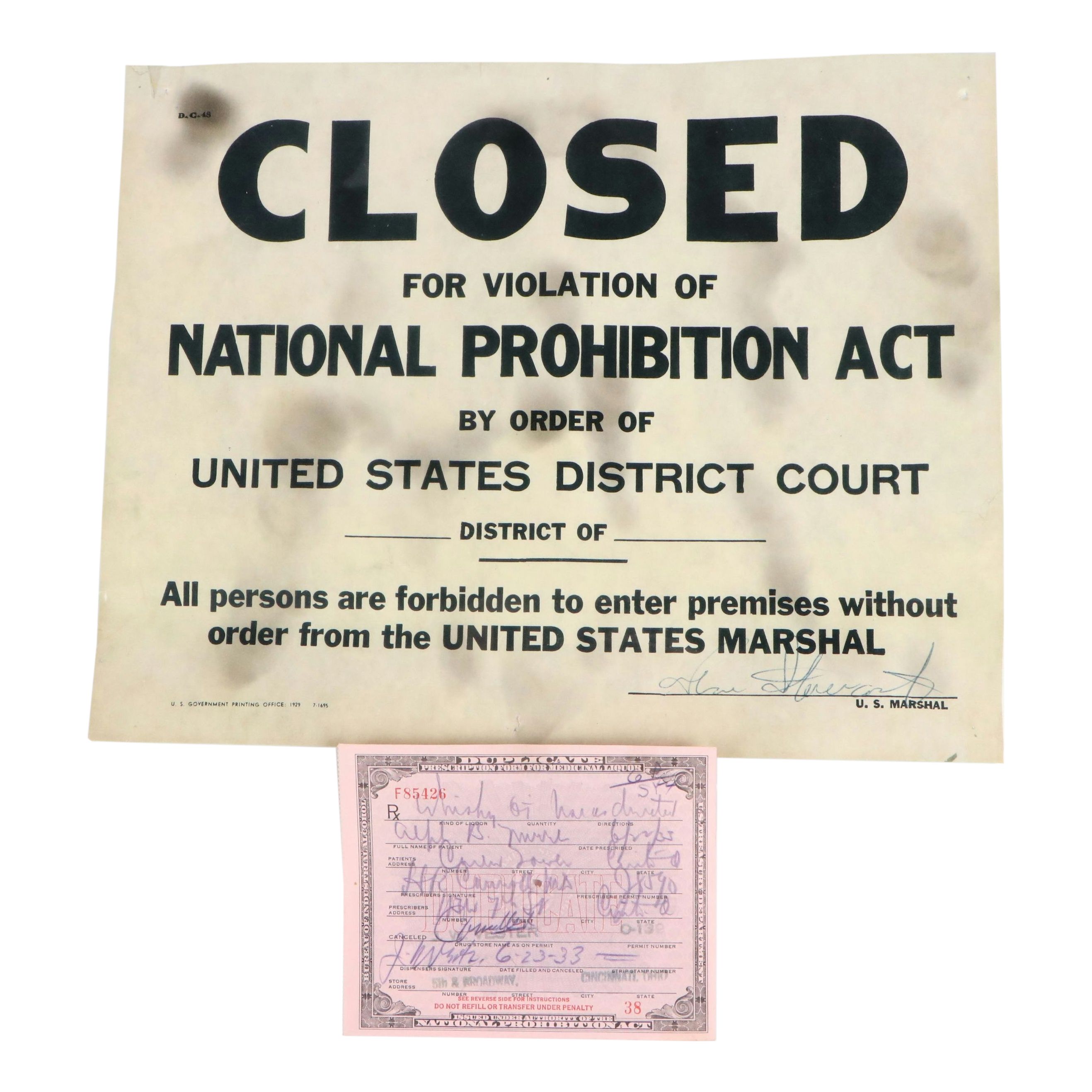 Prohibition Era Whisky Prescription Form with Reproduction Sign
