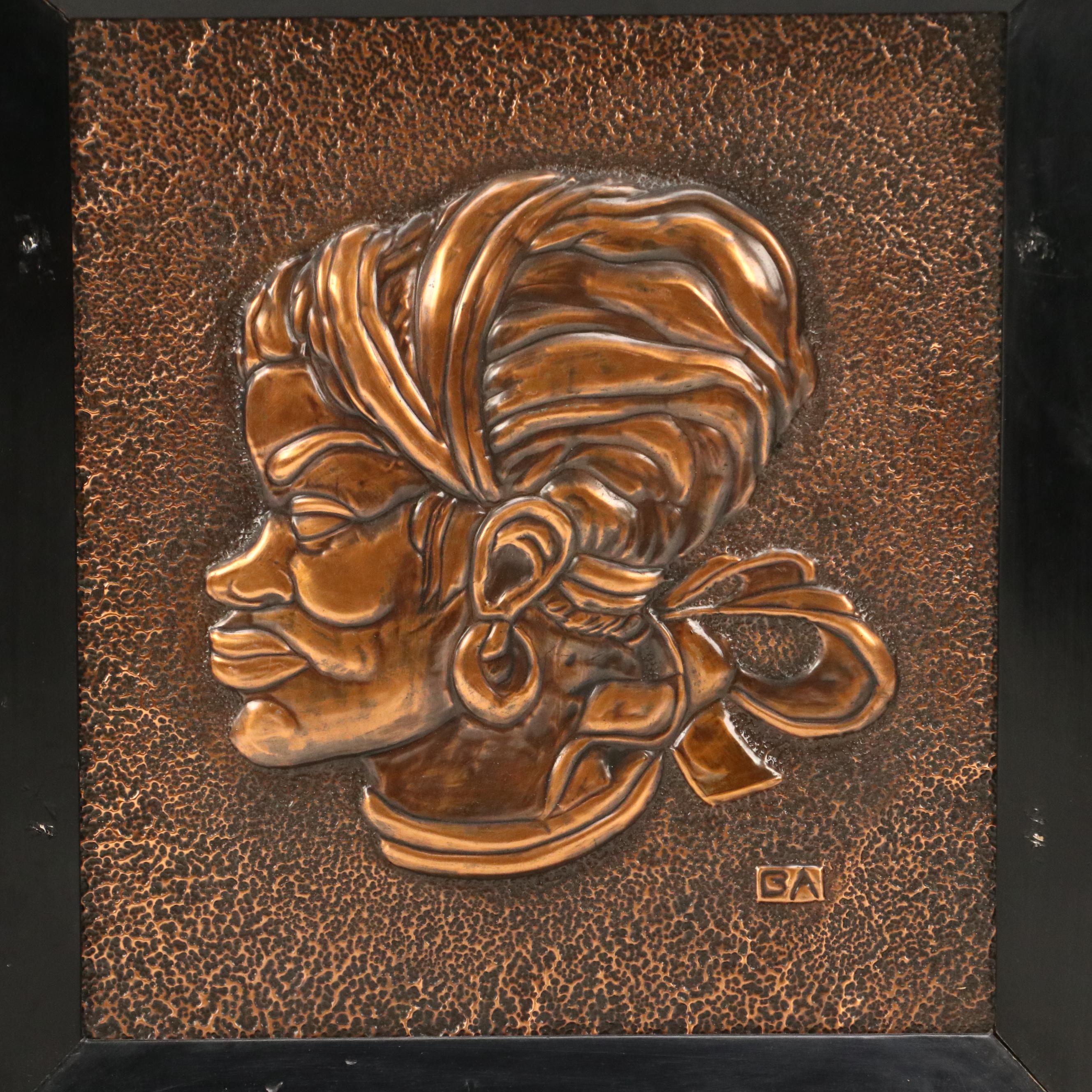 Bas Relief Embossed Copper Profile Portraits of Women