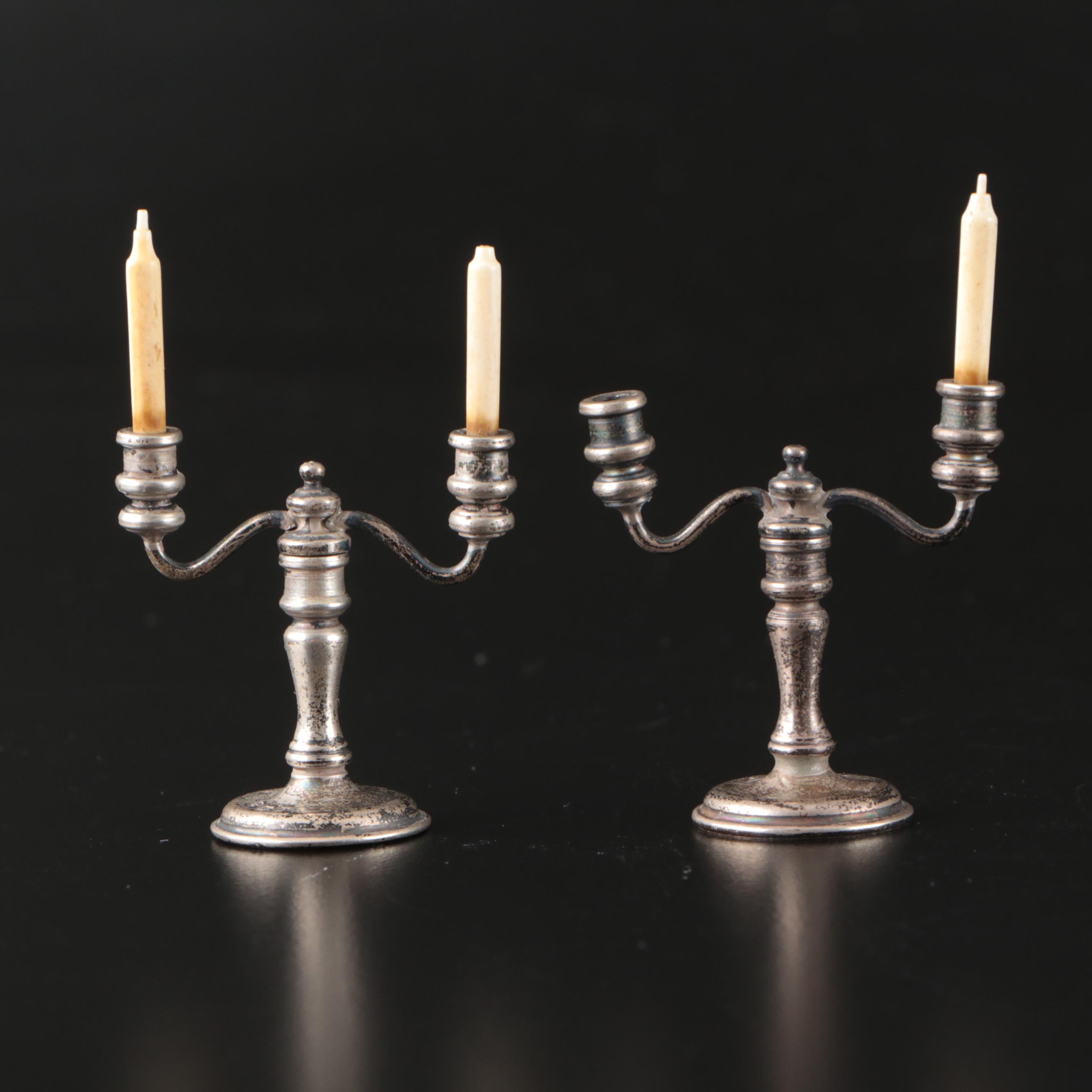 Miniature Sterling Silver Picture Frame, Candlesticks, and Oil Lamps