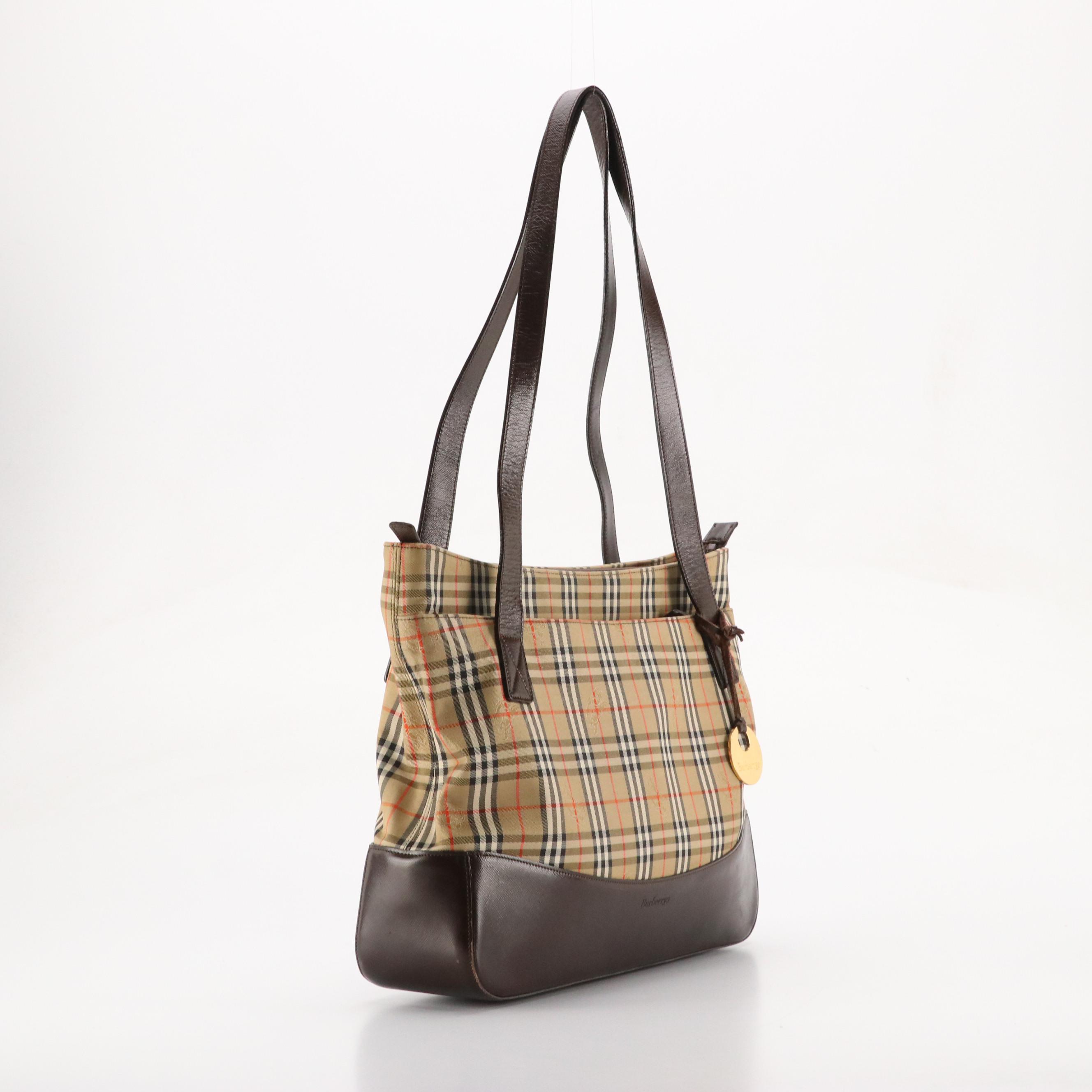 Burberrys Shoulder Bag in Haymarket Check Canvas and Dark Brown Saffiano Leather