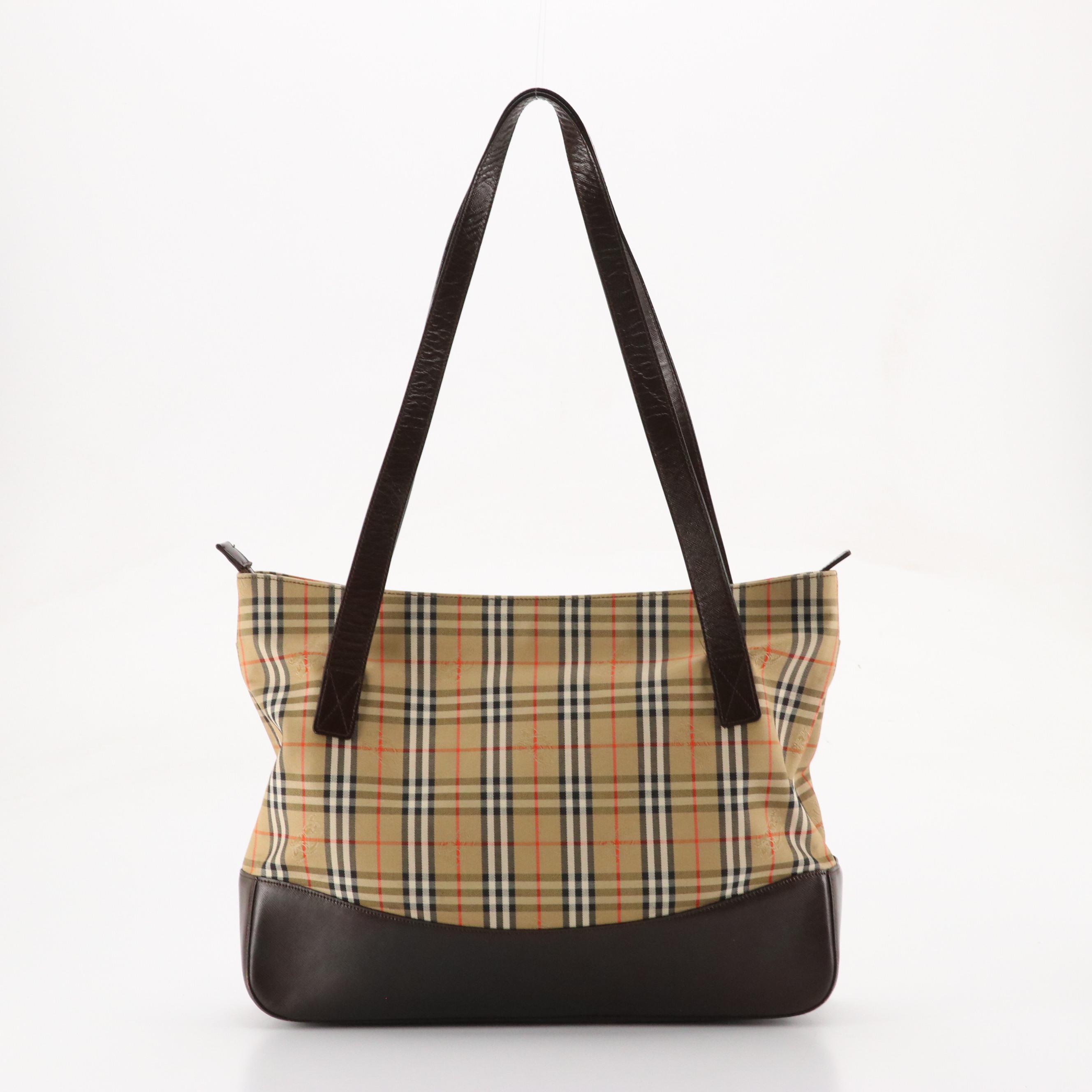Burberrys Shoulder Bag in Haymarket Check Canvas and Dark Brown Saffiano Leather