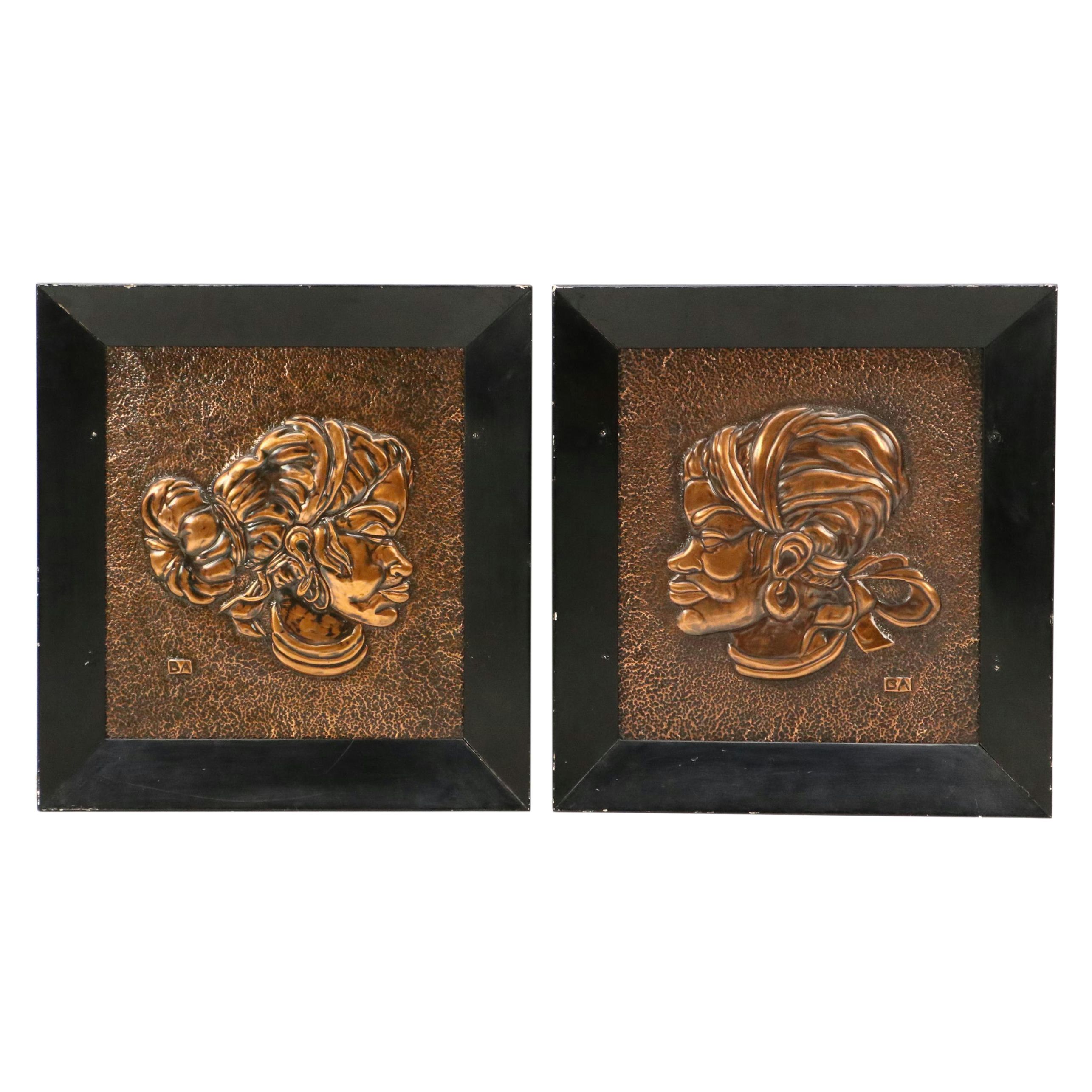 Bas Relief Embossed Copper Profile Portraits of Women