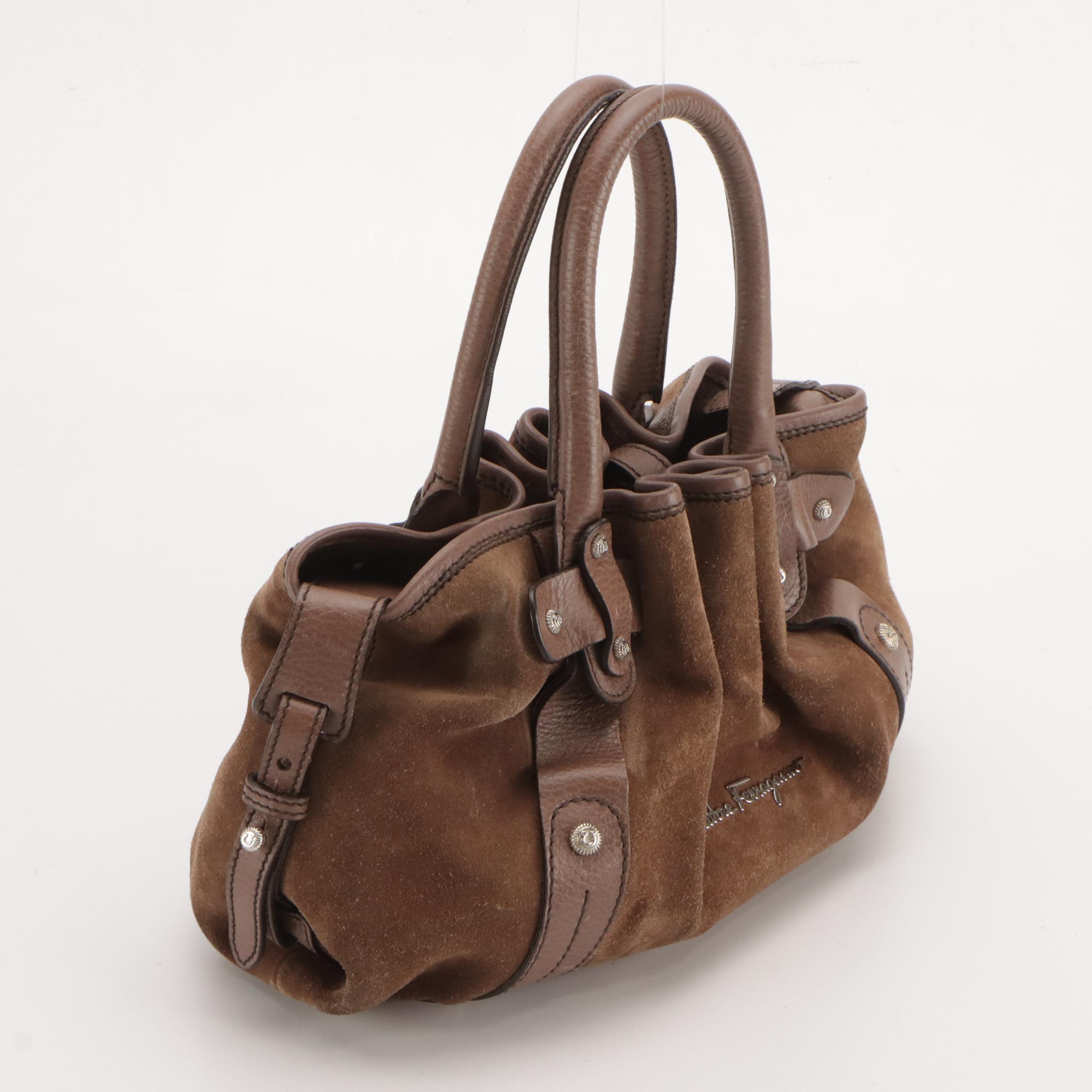 Salvatore Ferragamo Suede and Grain Leather Handbag with Zip Pouch