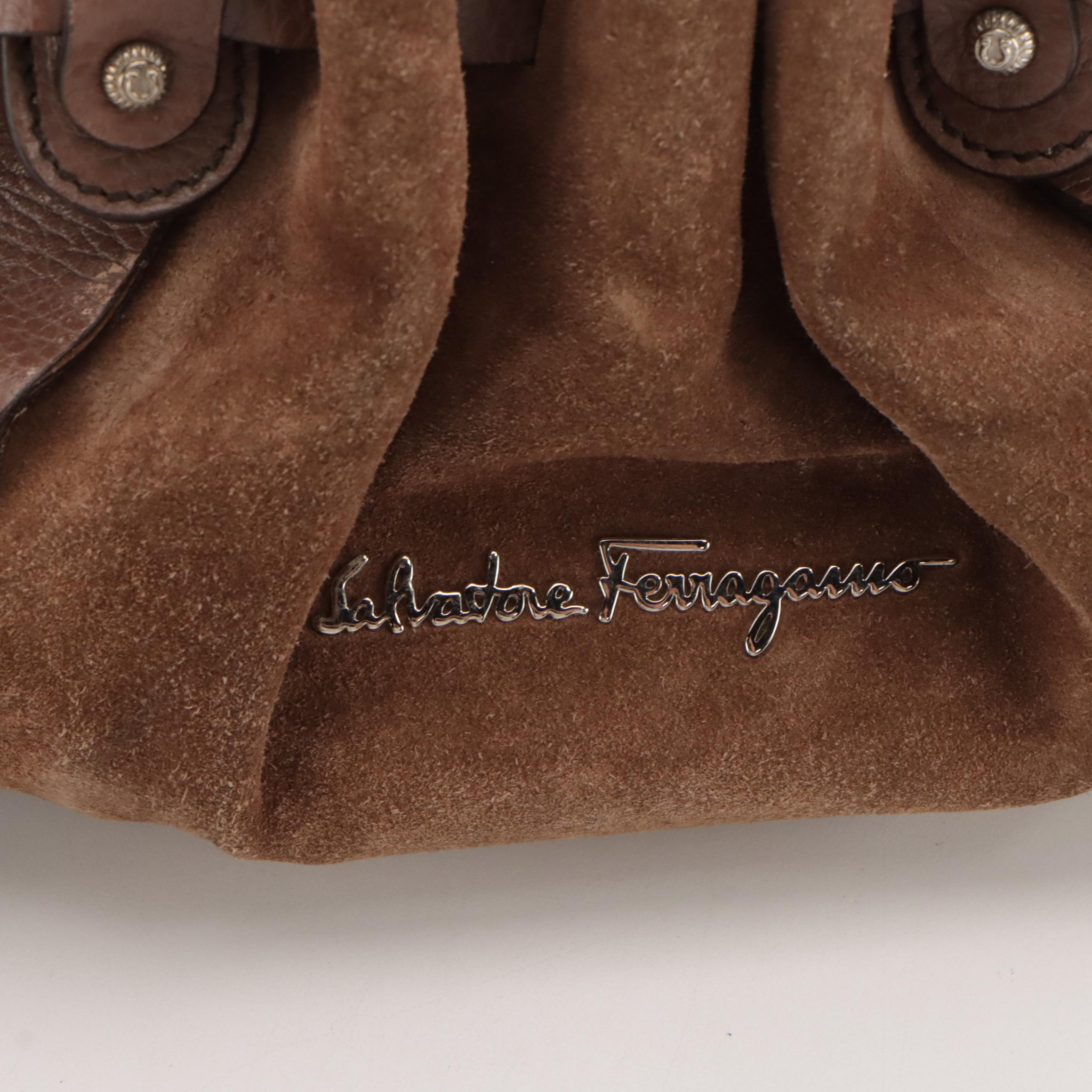 Salvatore Ferragamo Suede and Grain Leather Handbag with Zip Pouch