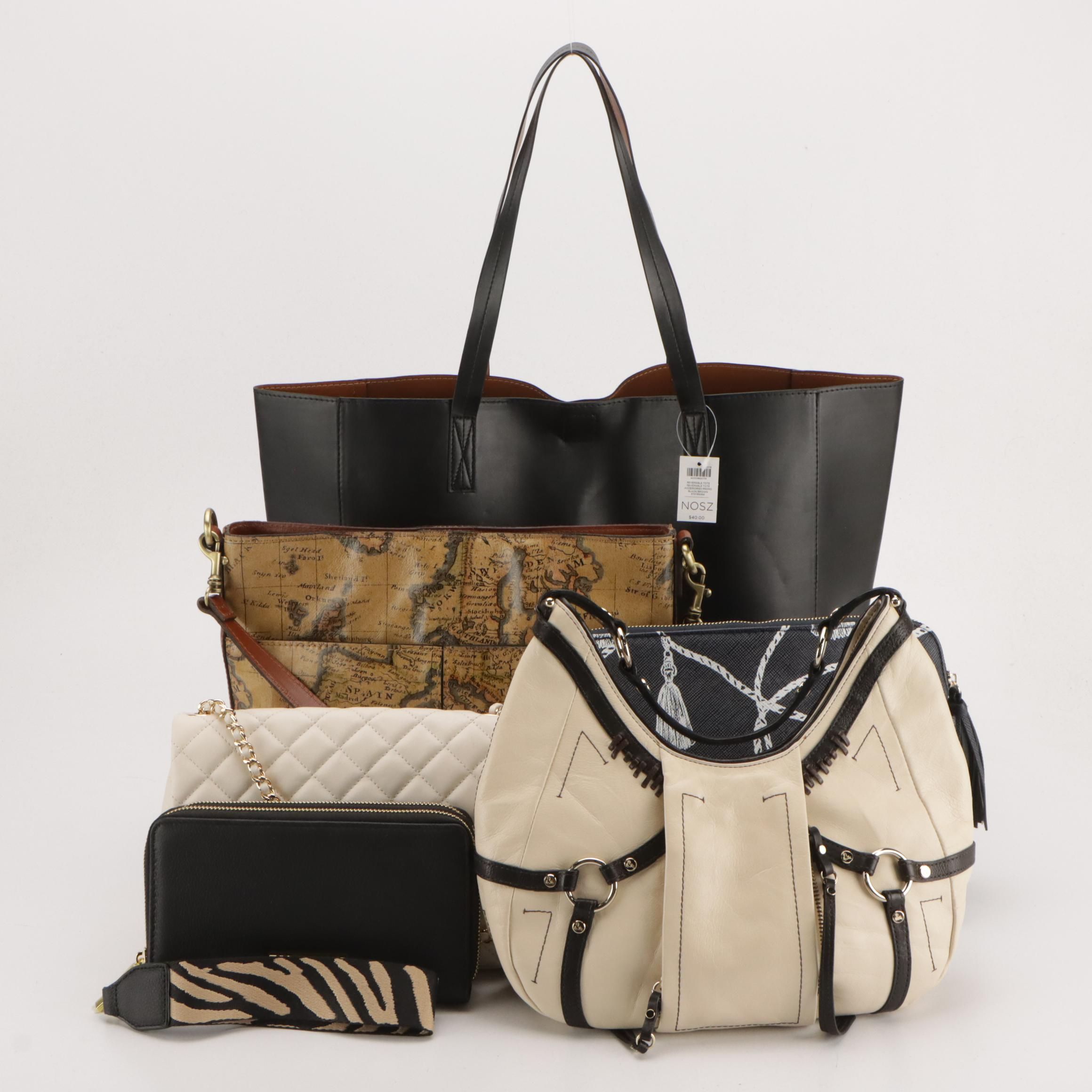 Chico's Black Leather Tote and Tassel Print Zip Pouch with More Bags and Wallet