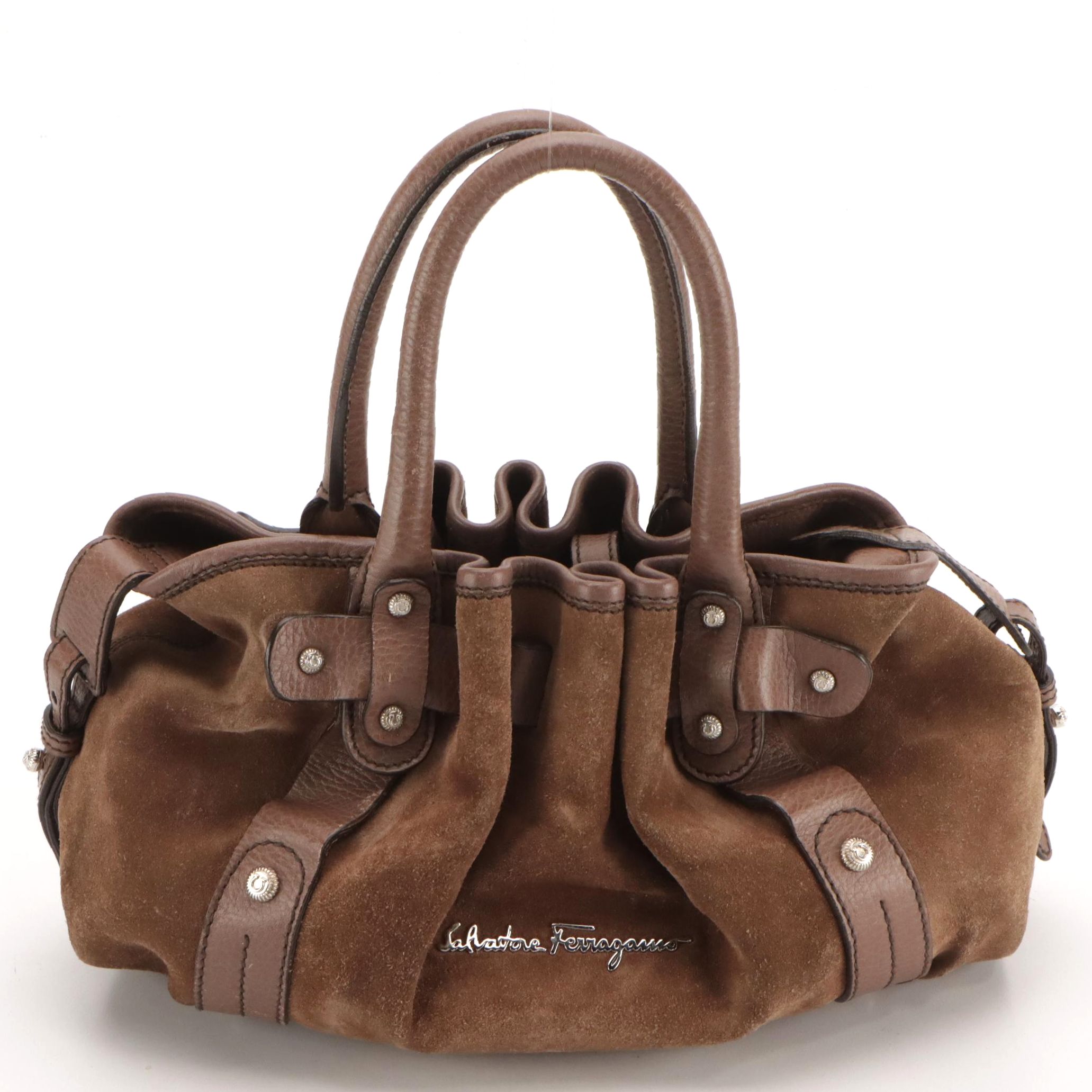 Salvatore Ferragamo Suede and Grain Leather Handbag with Zip Pouch