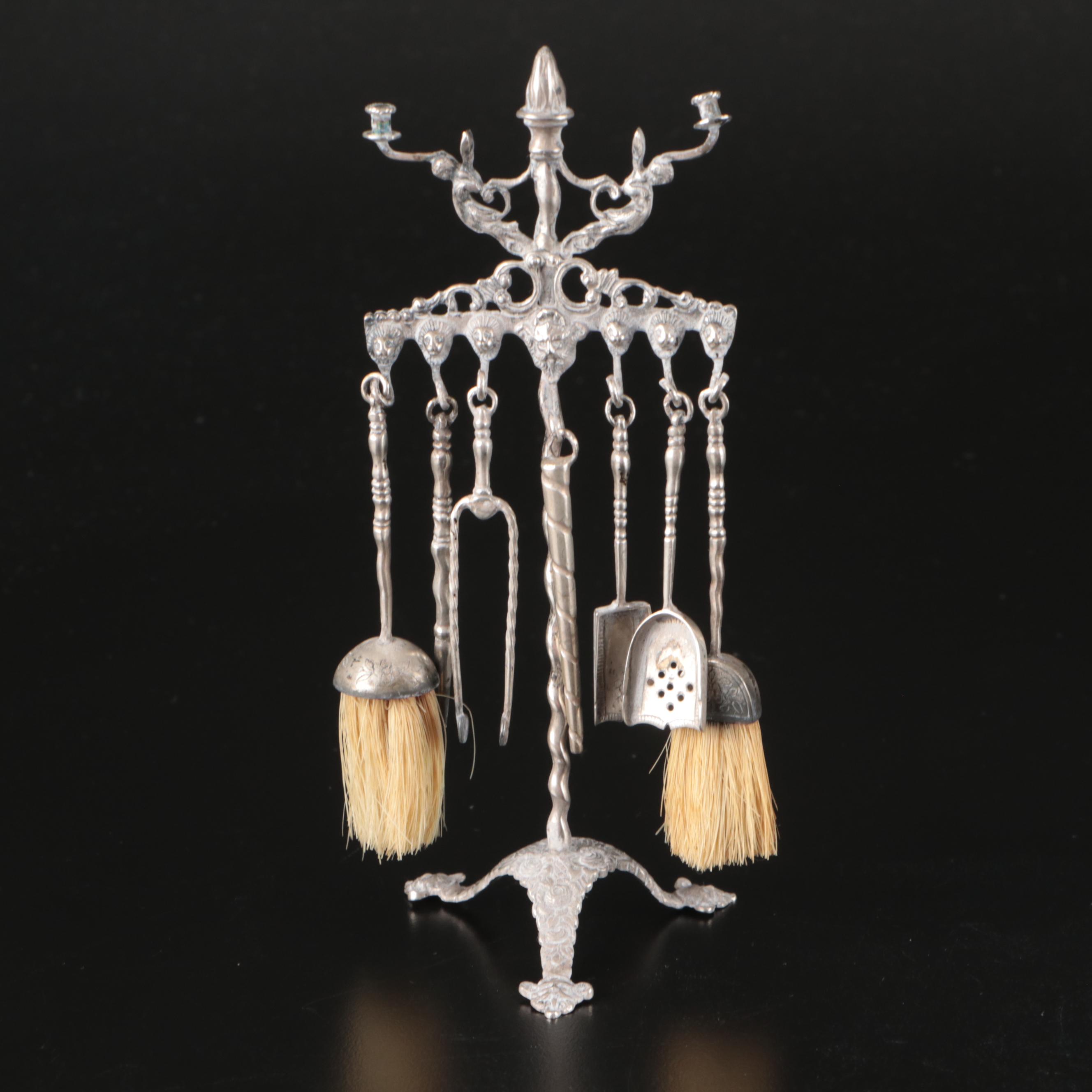 Miniature Sterling Silver Fireplace Accessory Set, 20th Century