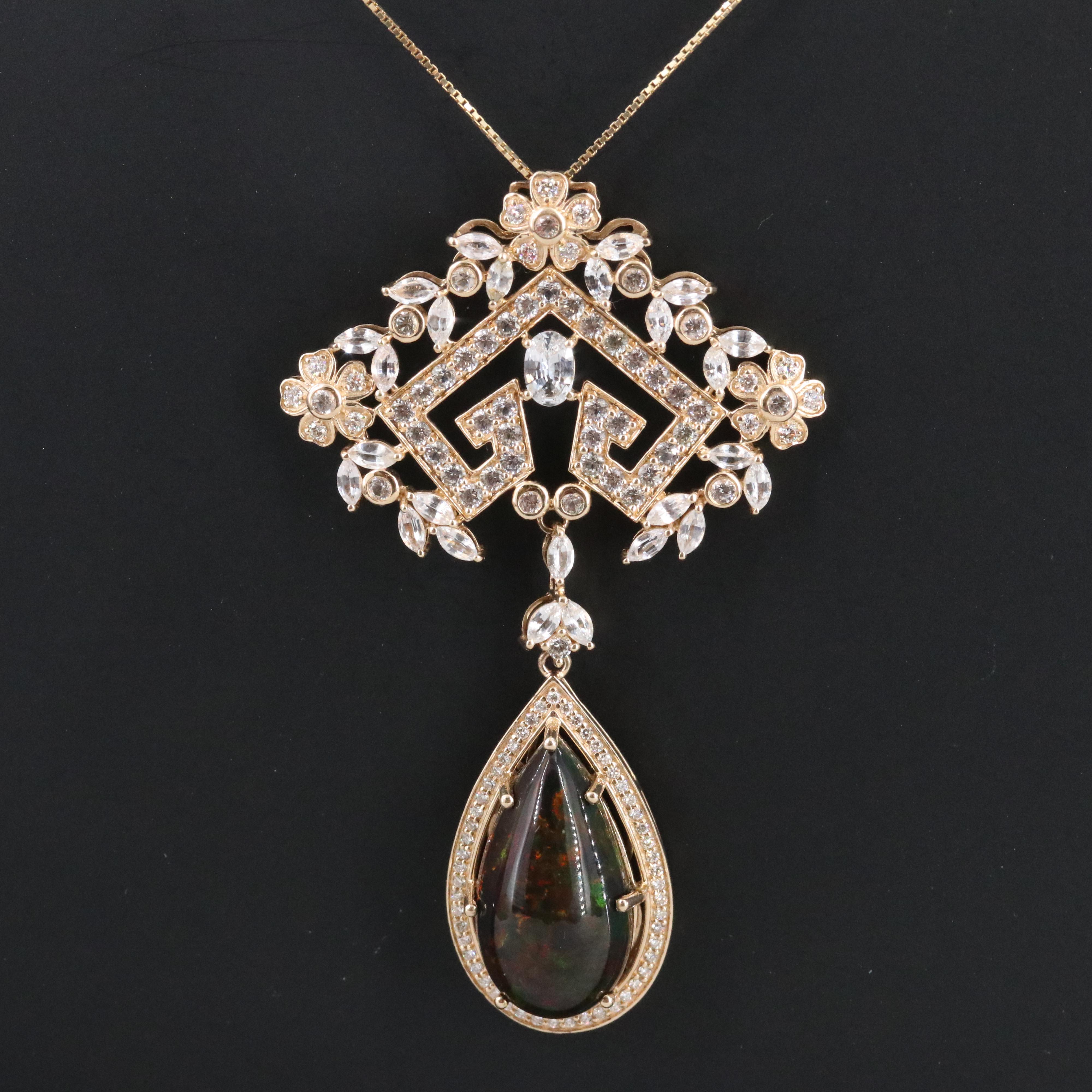 14K Opal, Diamond and White Sapphire Pendant Necklace