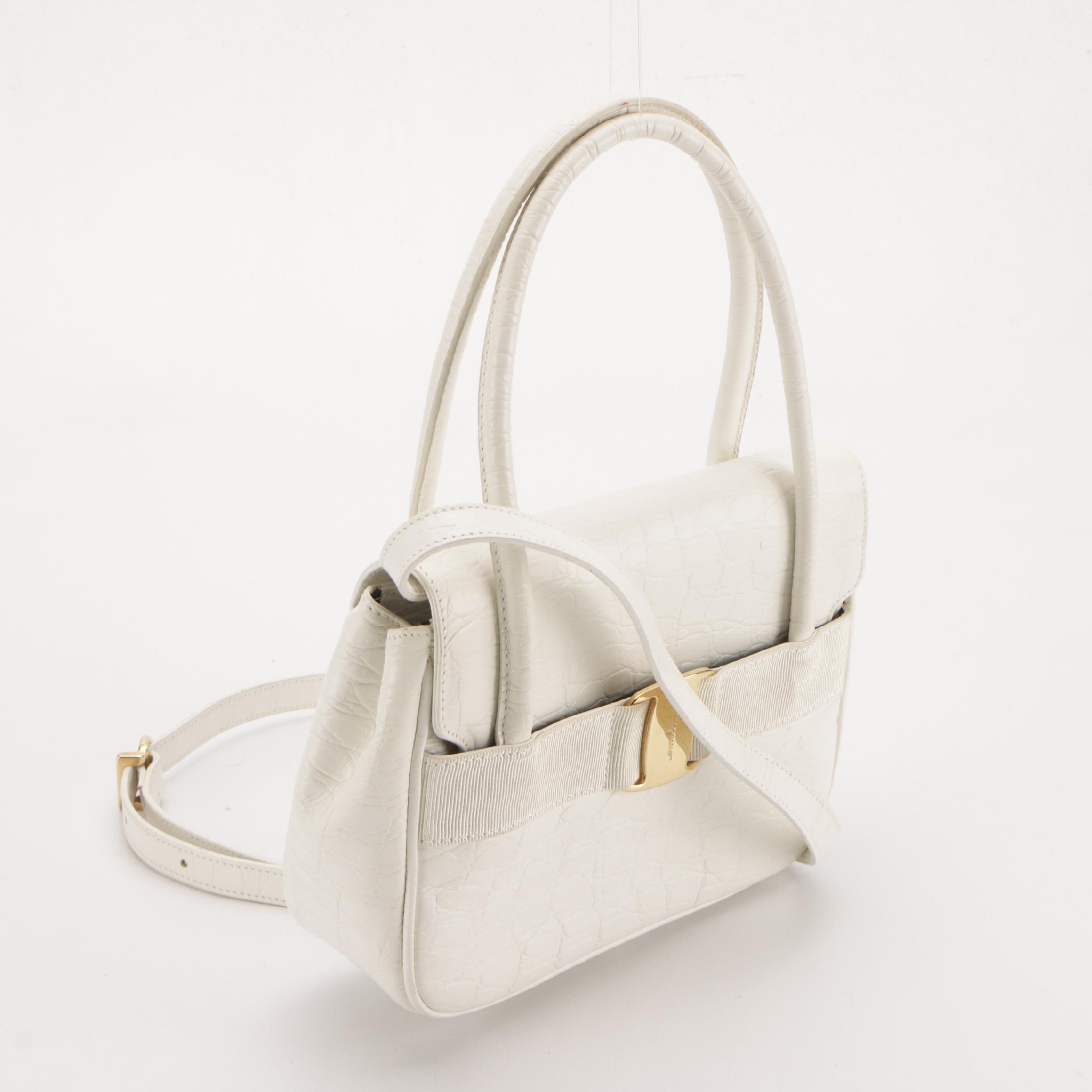 Salvatore Ferragamo White Croc-Embossed Leather Vara Two-Way Bag