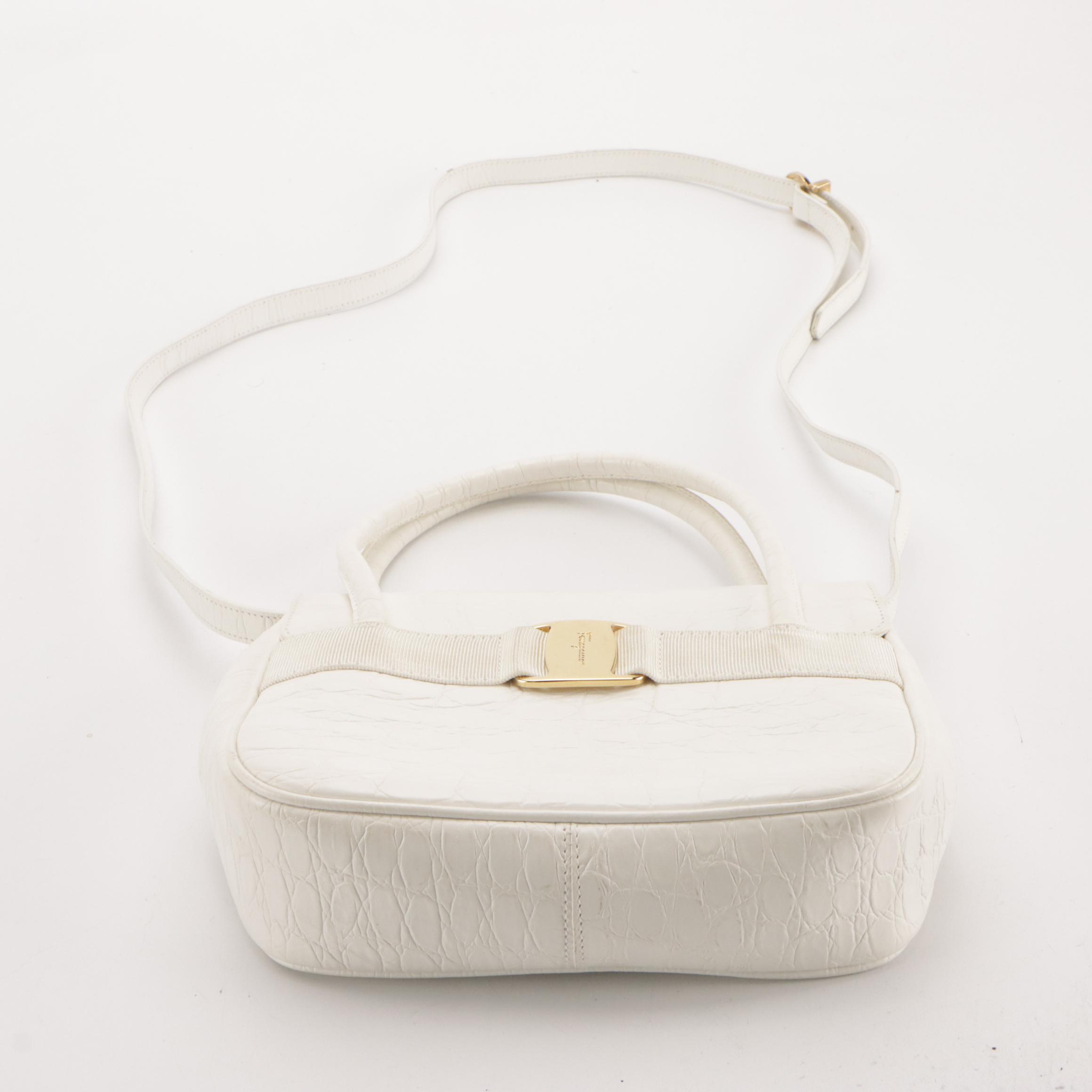 Salvatore Ferragamo White Croc-Embossed Leather Vara Two-Way Bag