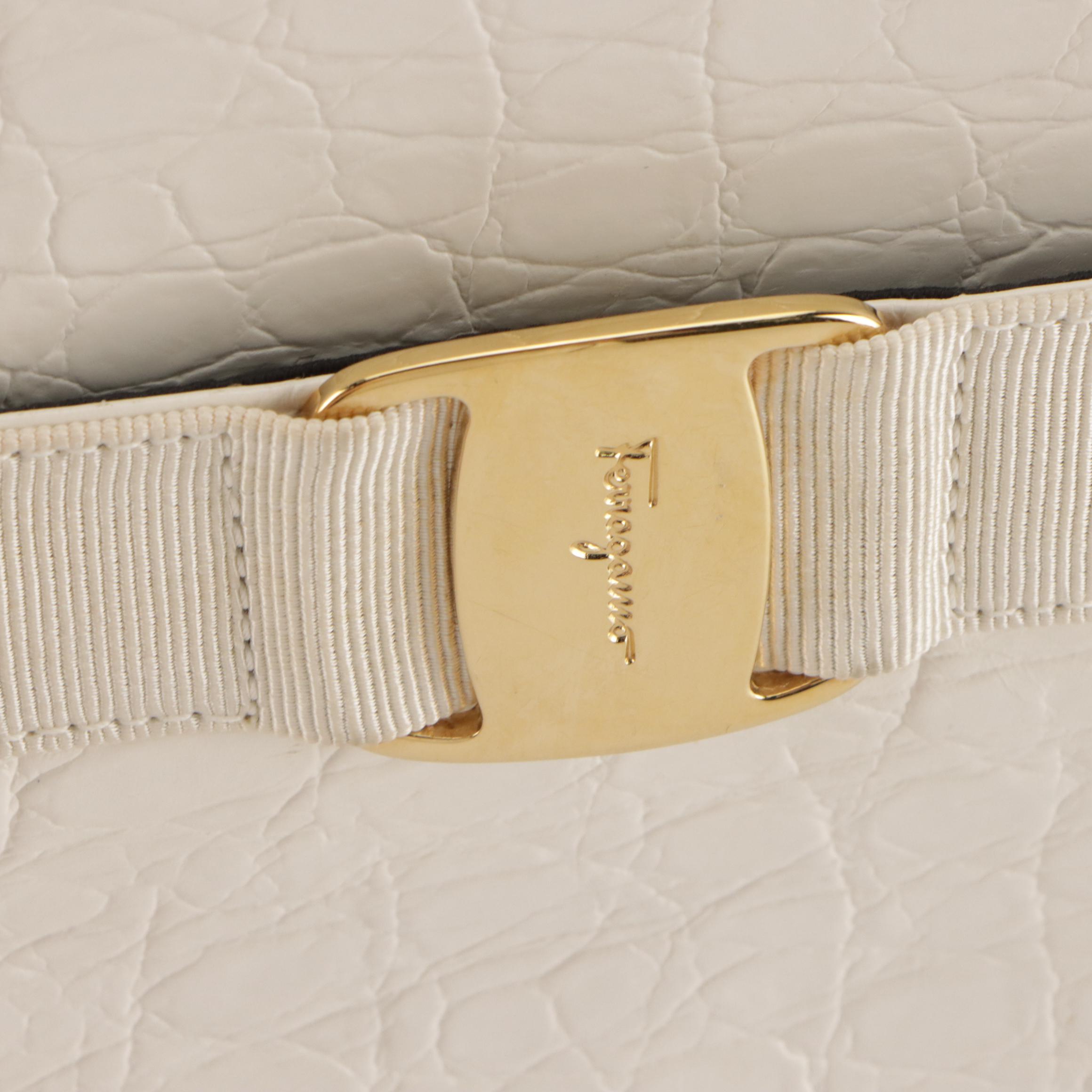 Salvatore Ferragamo White Croc-Embossed Leather Vara Two-Way Bag