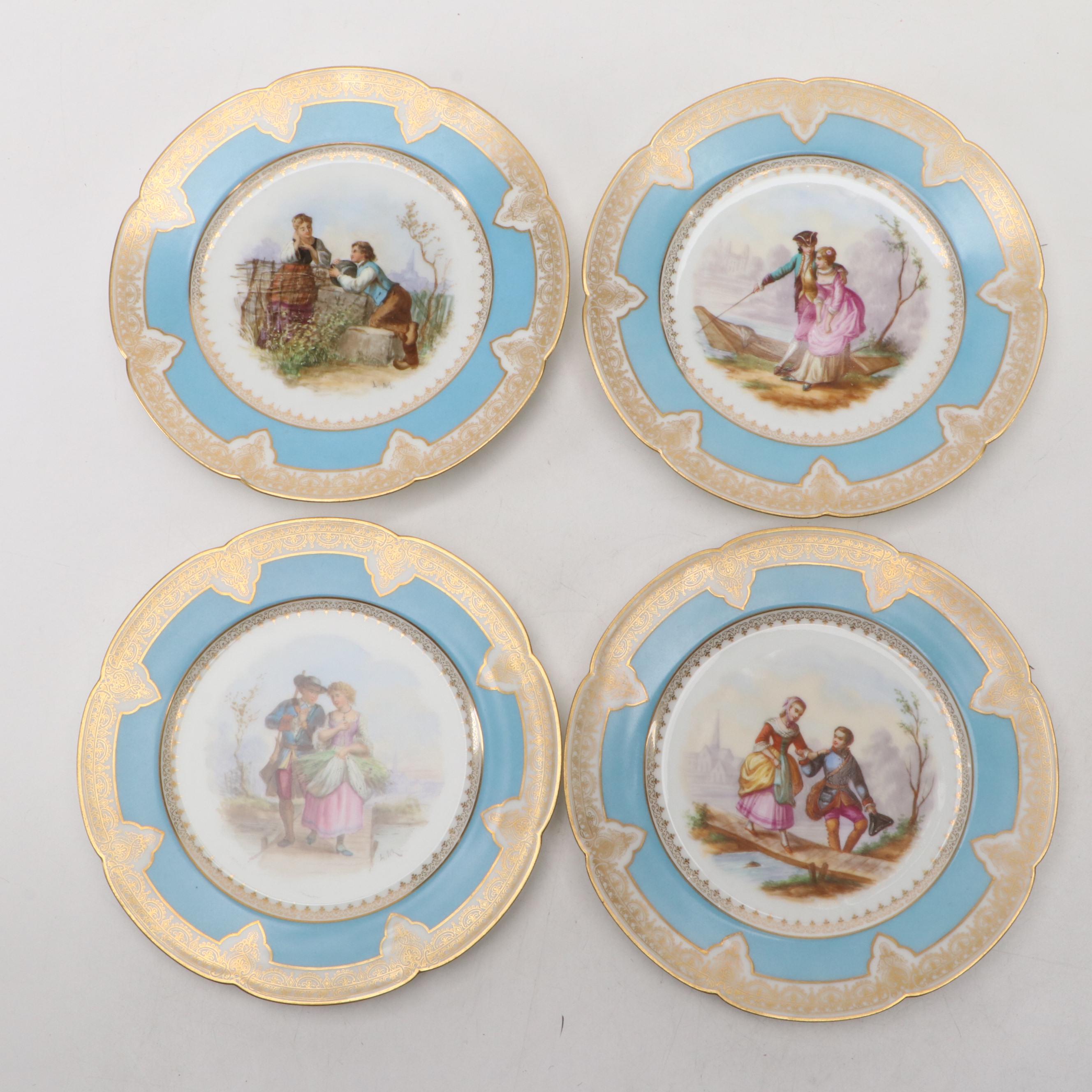 Victor Étienne Simyan Porcelain Bleu Céleste Courting Scene Cabinet Plates