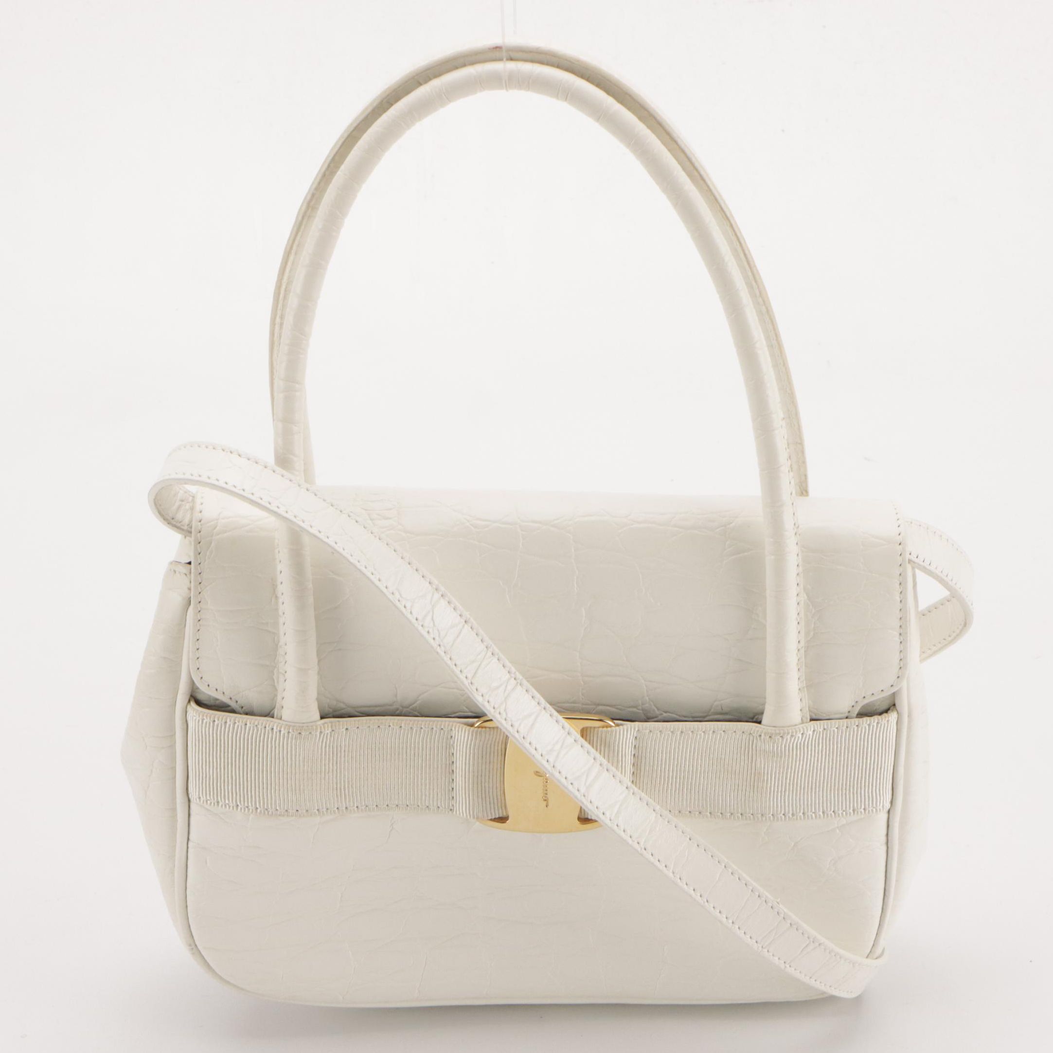 Salvatore Ferragamo White Croc-Embossed Leather Vara Two-Way Bag