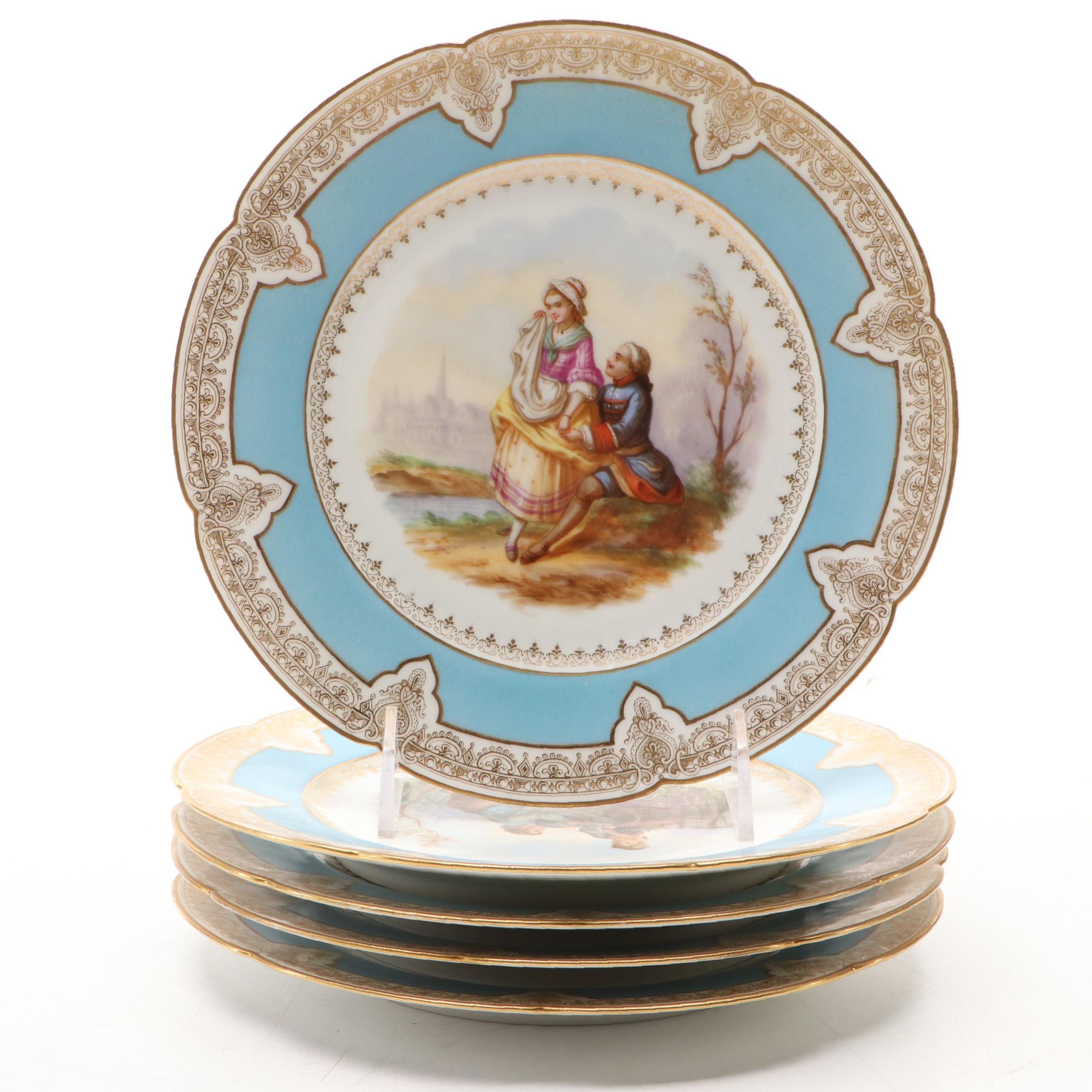 Victor Étienne Simyan Porcelain Bleu Céleste Courting Scene Cabinet Plates