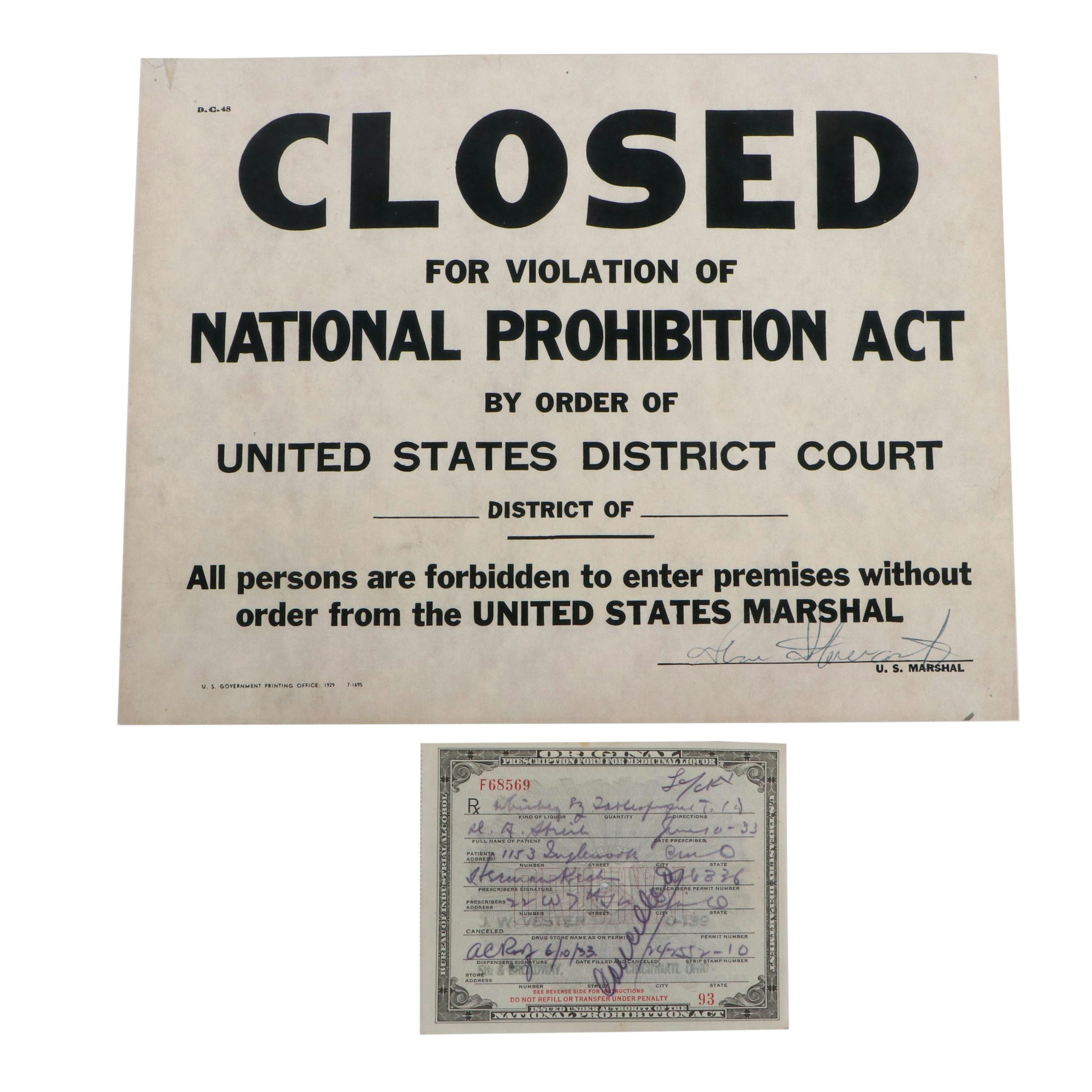Prohibition Era Whisky Prescription Form with Reproduction Sign