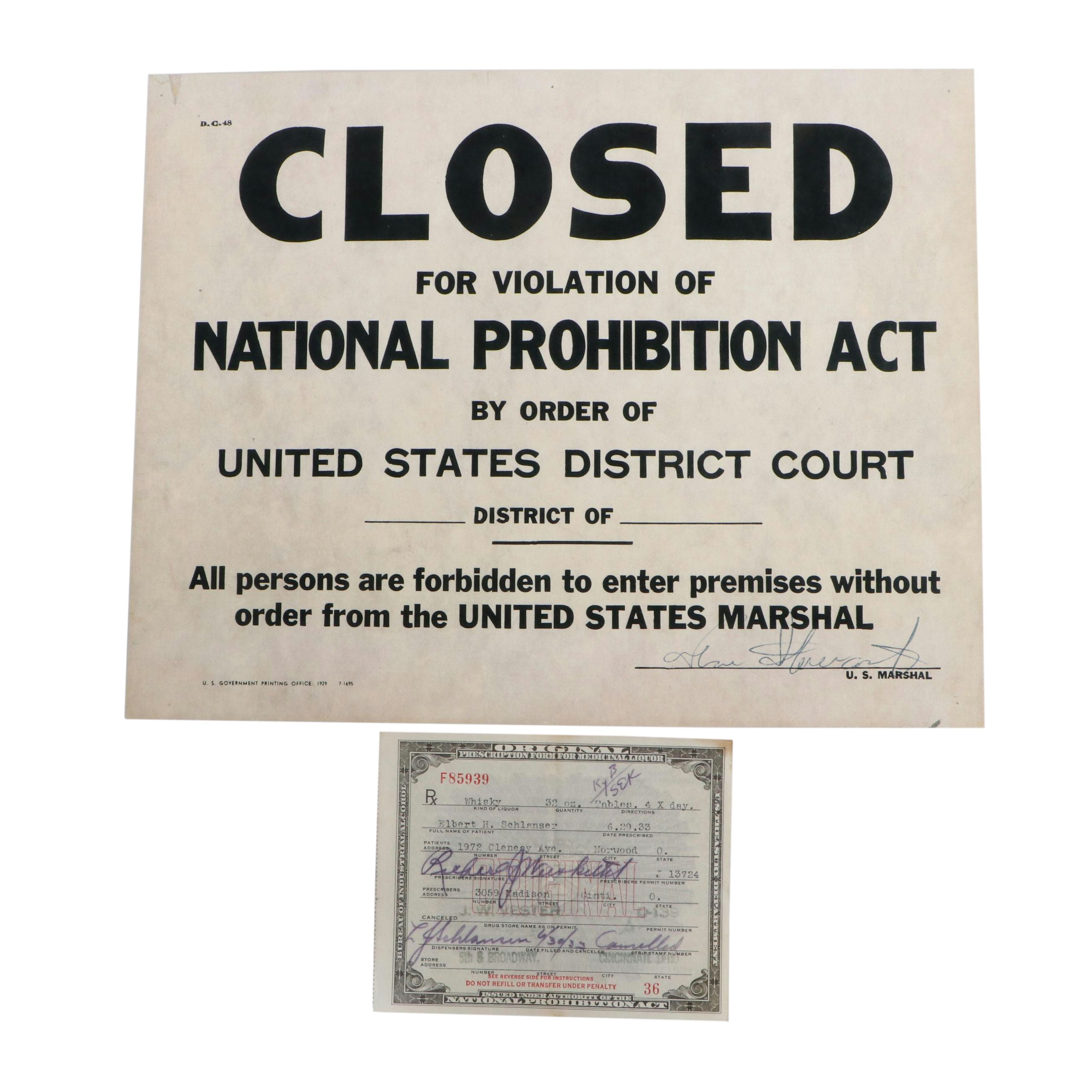 Prohibition Era Whisky Prescription Form with Reproduction Sign
