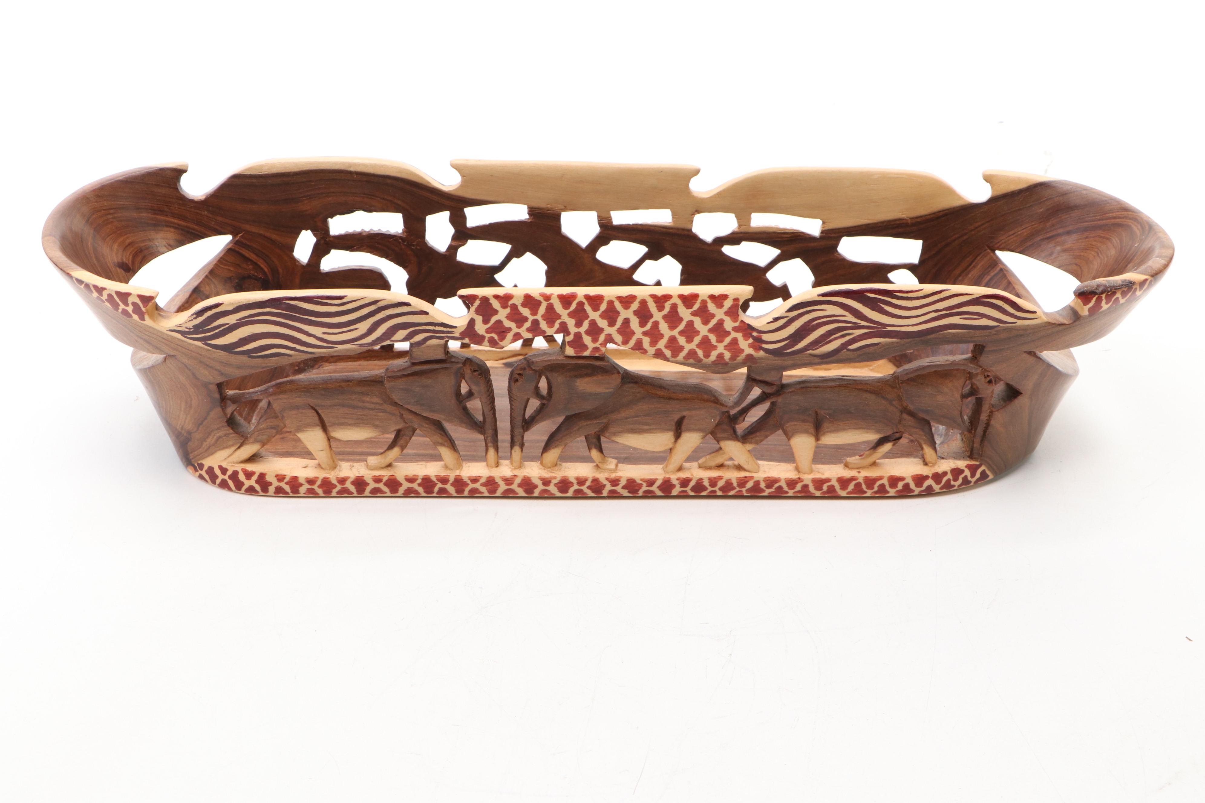 African Carved and Painted Wood Bread Basket and Snack Bowl