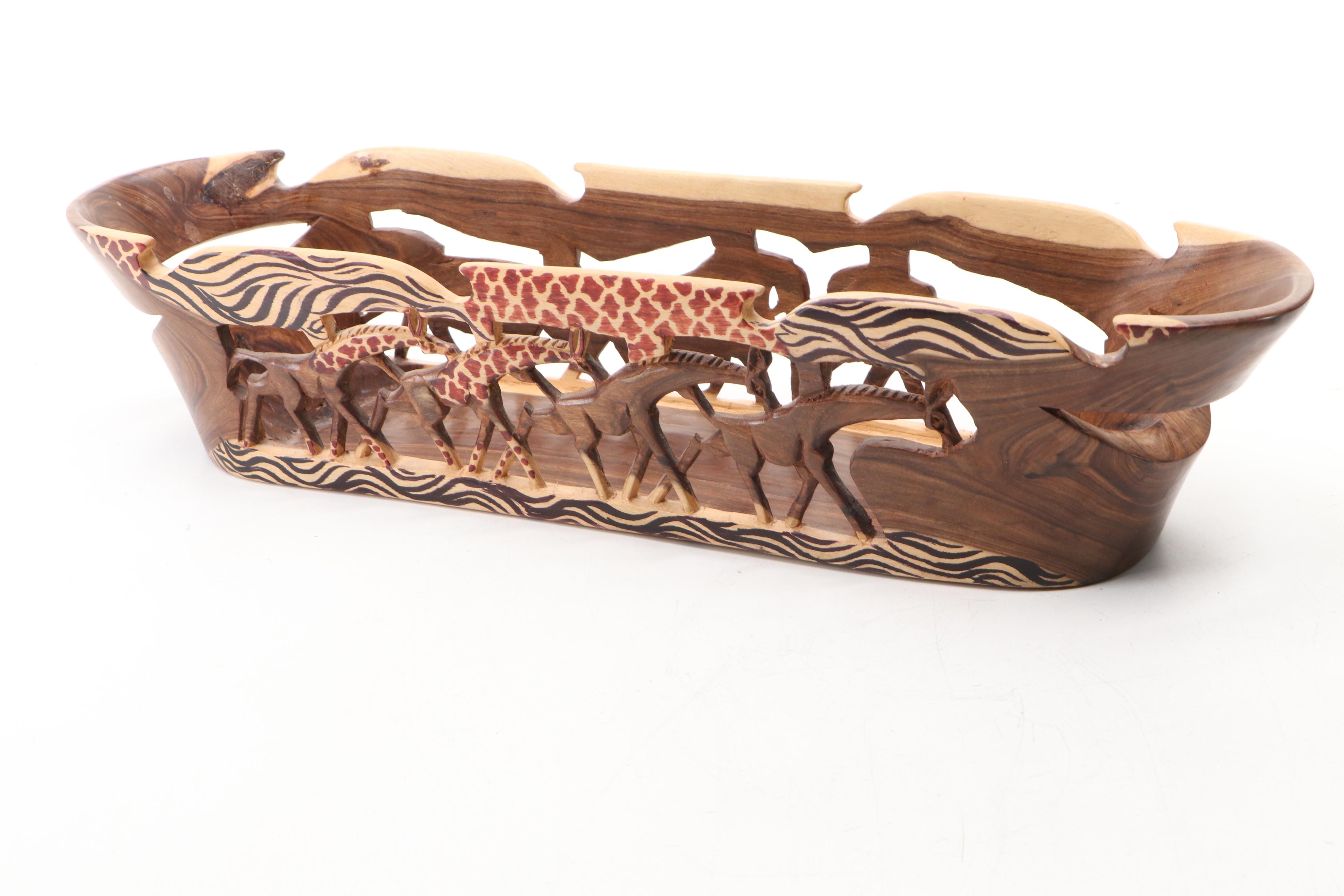 African Carved and Painted Wood Bread Basket and Snack Bowl