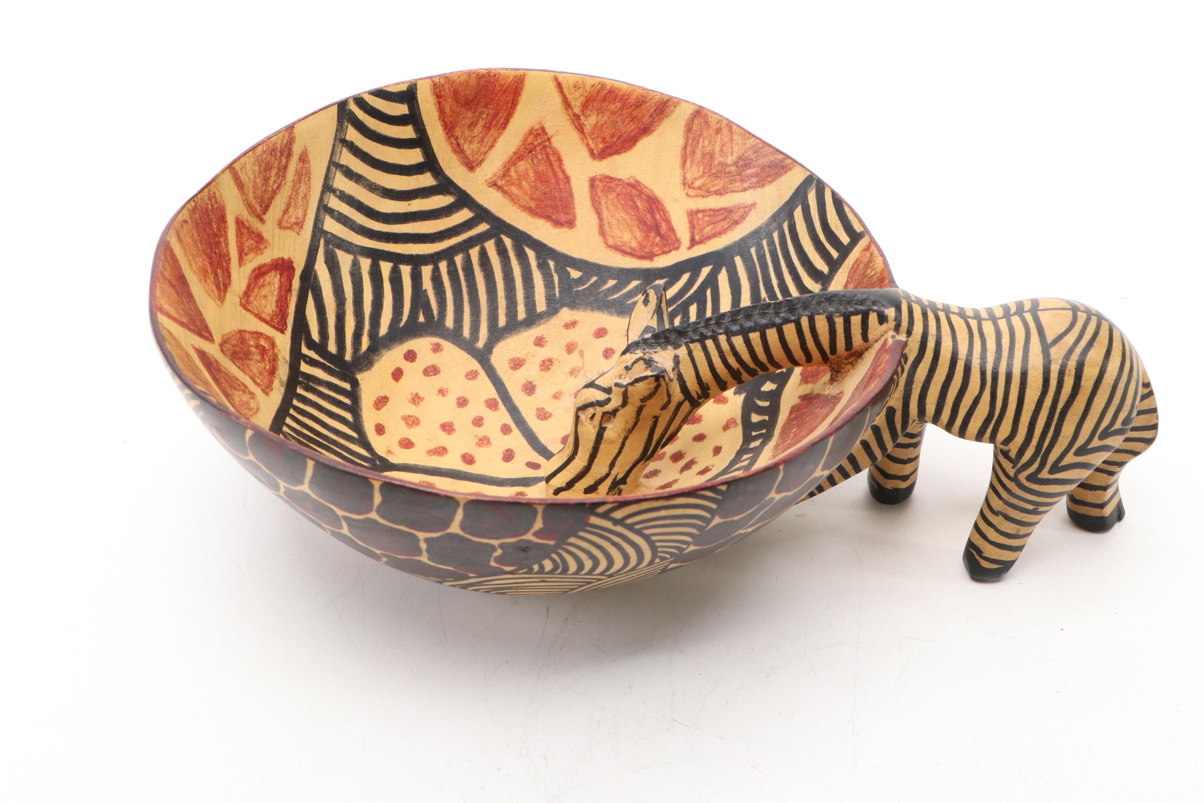 African Carved and Painted Wood Bread Basket and Snack Bowl