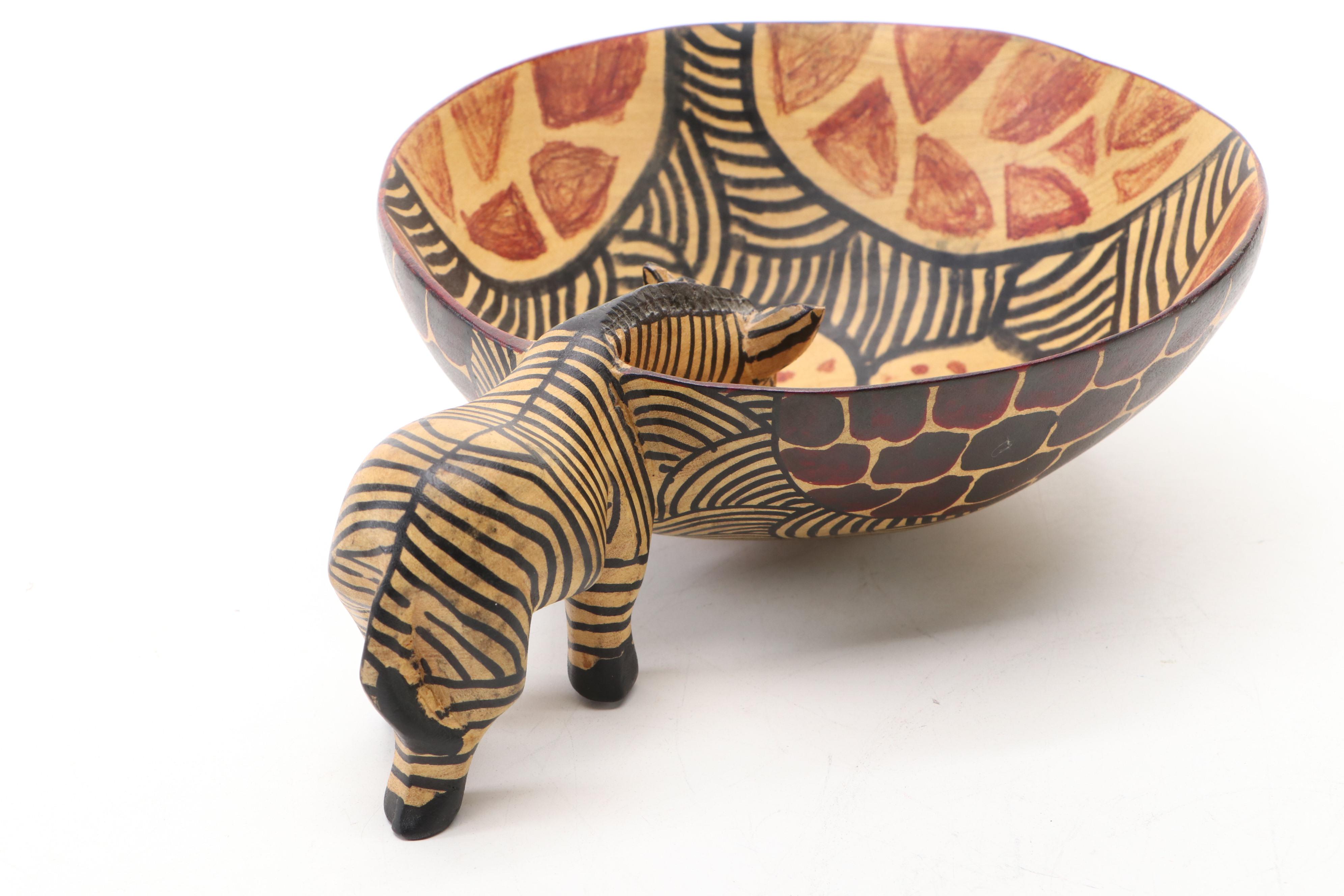 African Carved and Painted Wood Bread Basket and Snack Bowl
