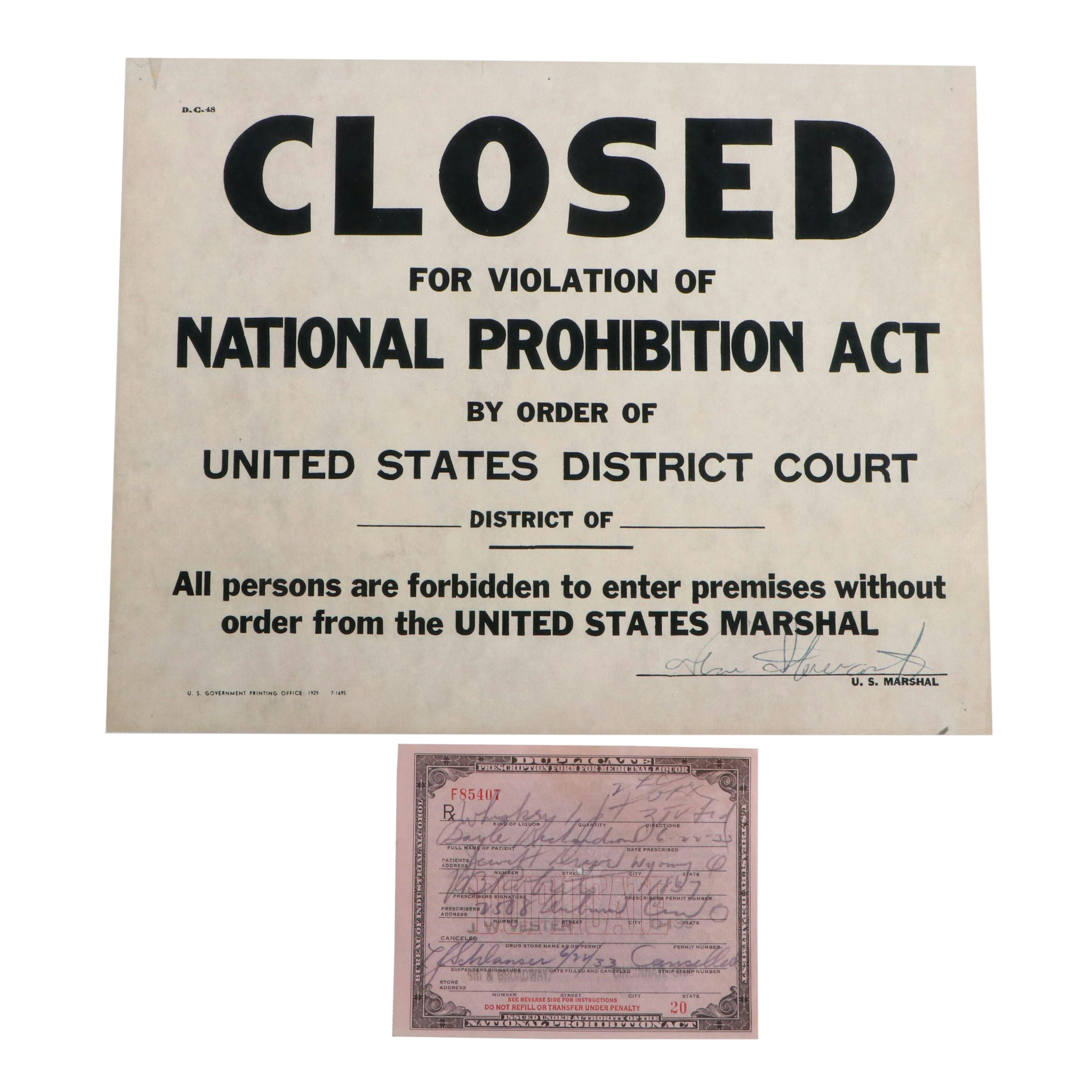 Prohibition Era Whisky Prescription Form with Reproduction Sign