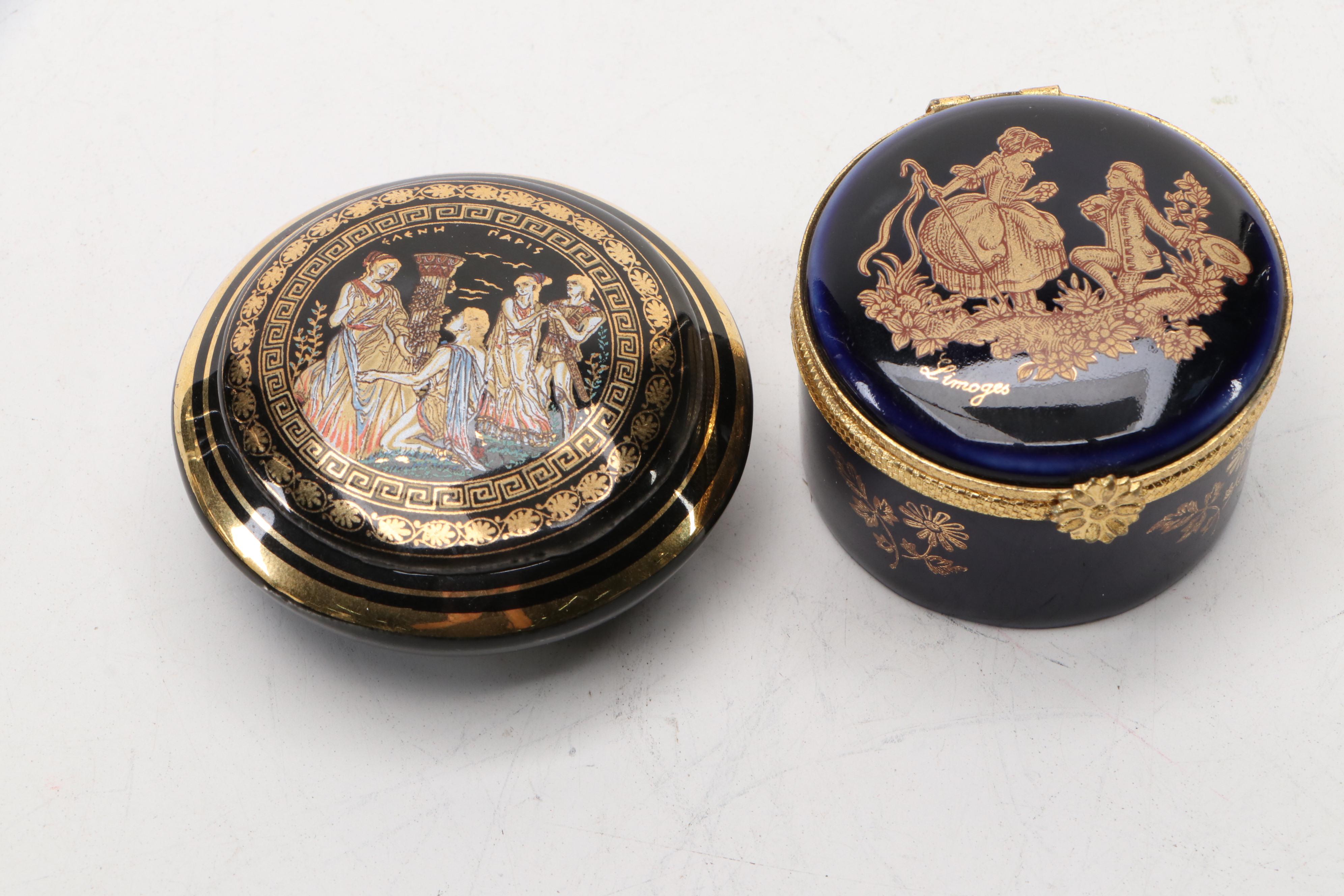 Castel French Limoges Cobalt Porcelain Boxes, Greek Porcelain & 24K Lidded Jar