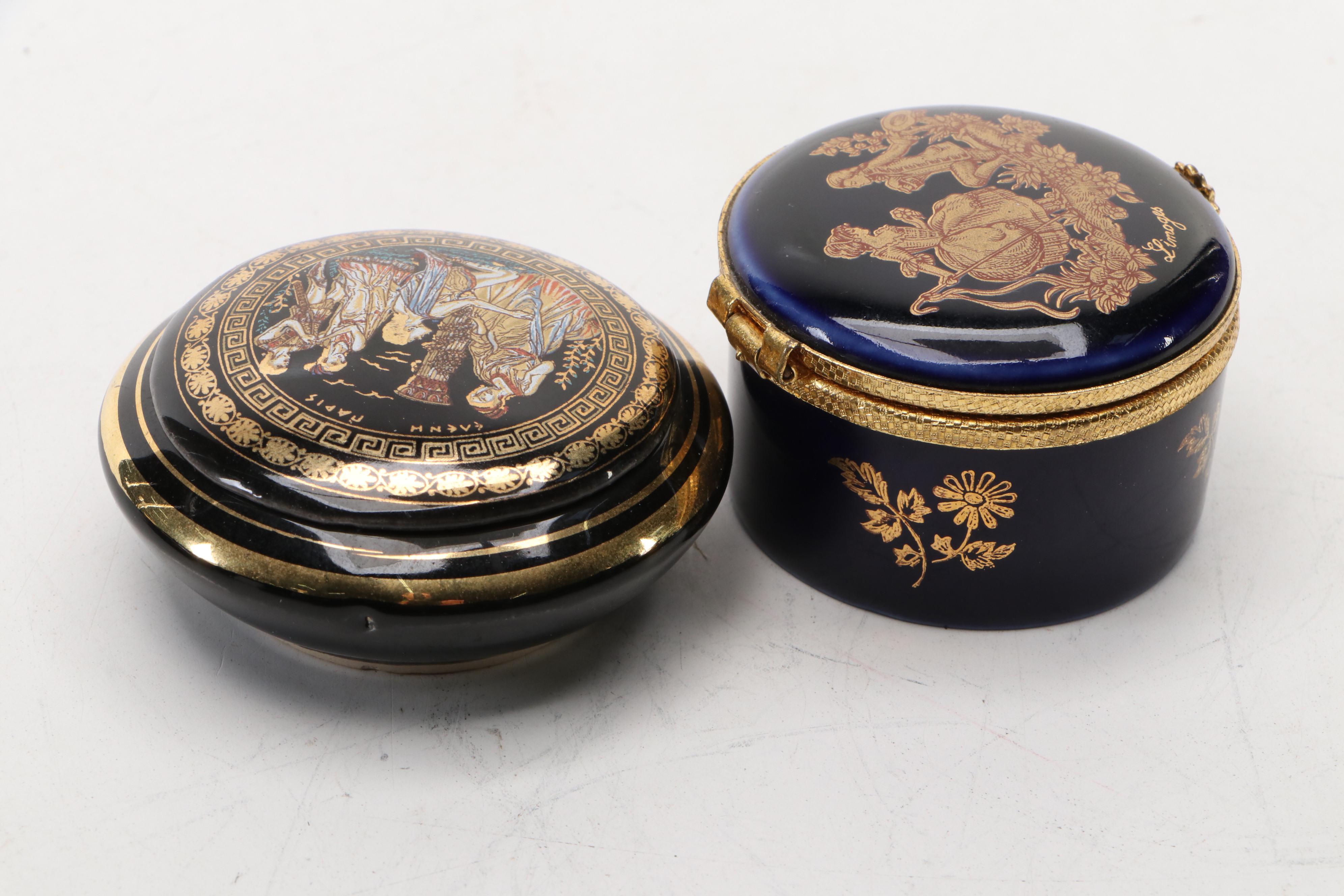 Castel French Limoges Cobalt Porcelain Boxes, Greek Porcelain & 24K Lidded Jar