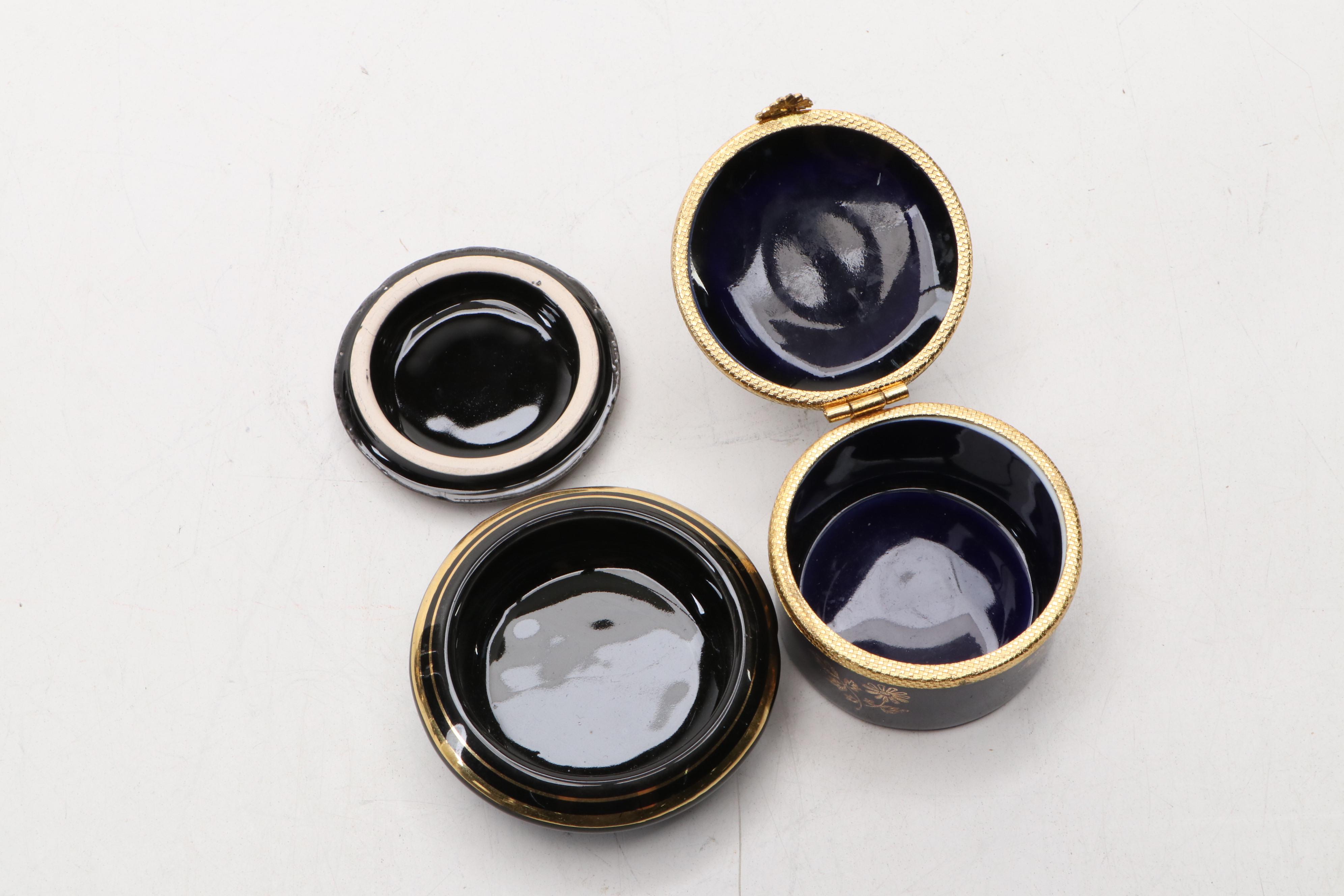 Castel French Limoges Cobalt Porcelain Boxes, Greek Porcelain & 24K Lidded Jar