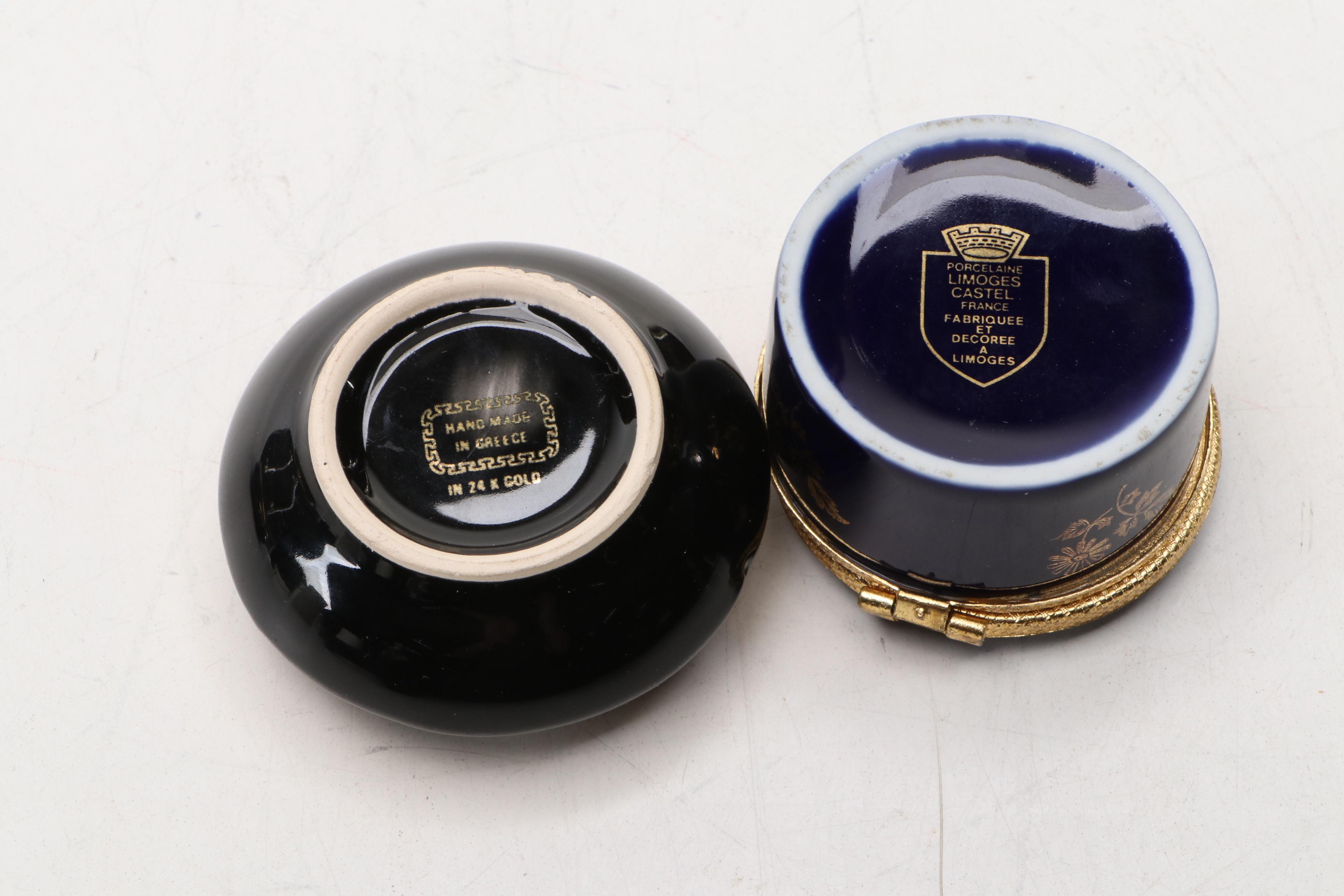 Castel French Limoges Cobalt Porcelain Boxes, Greek Porcelain & 24K Lidded Jar