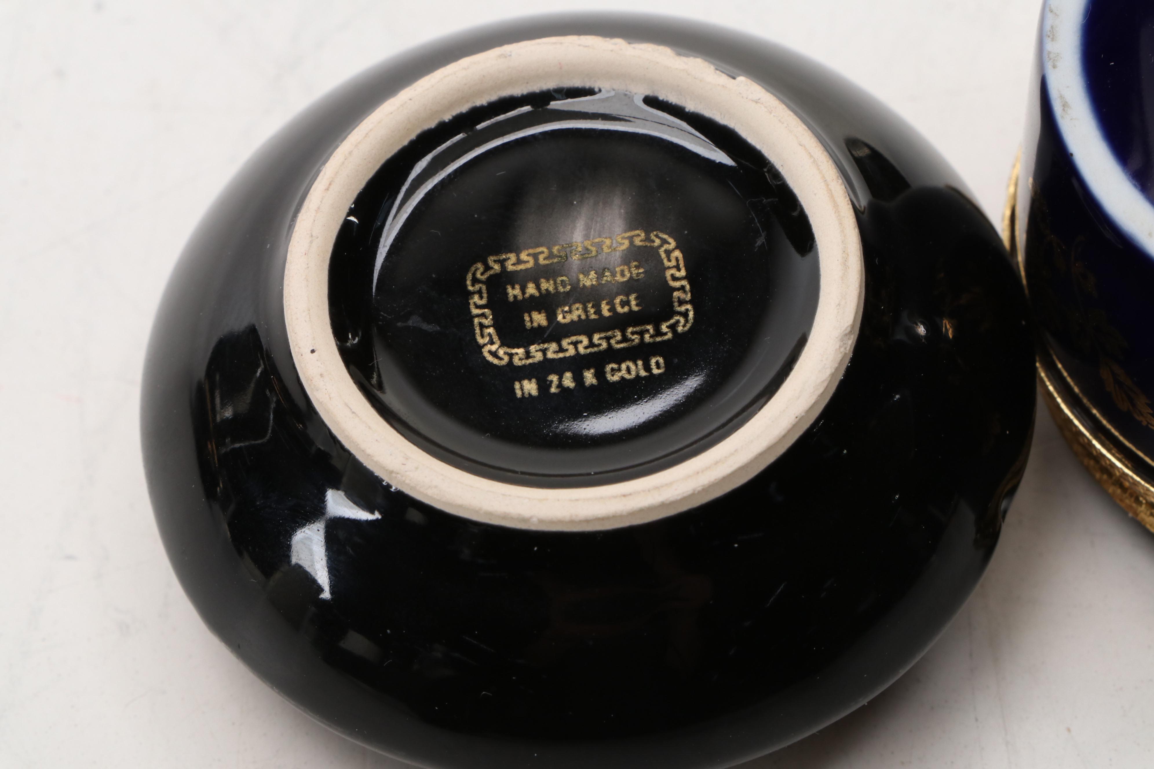 Castel French Limoges Cobalt Porcelain Boxes, Greek Porcelain & 24K Lidded Jar