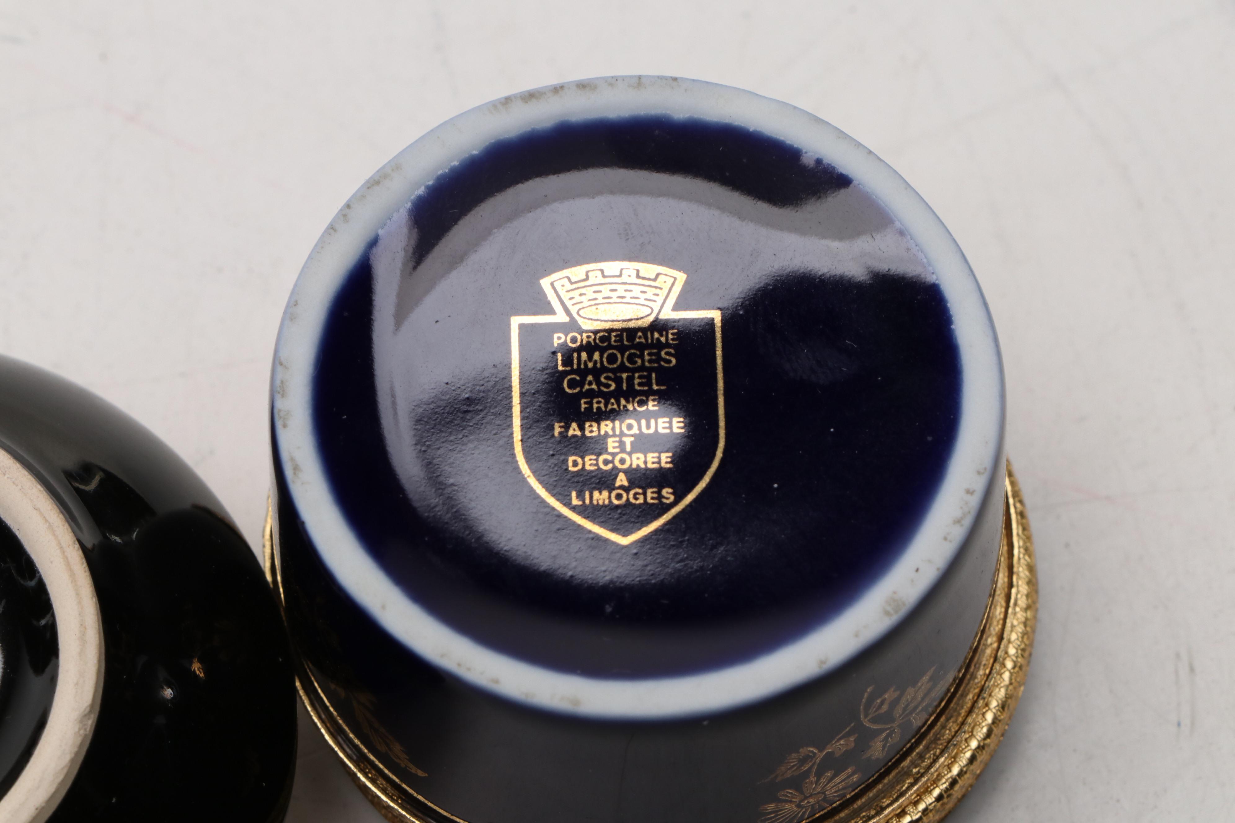 Castel French Limoges Cobalt Porcelain Boxes, Greek Porcelain & 24K Lidded Jar