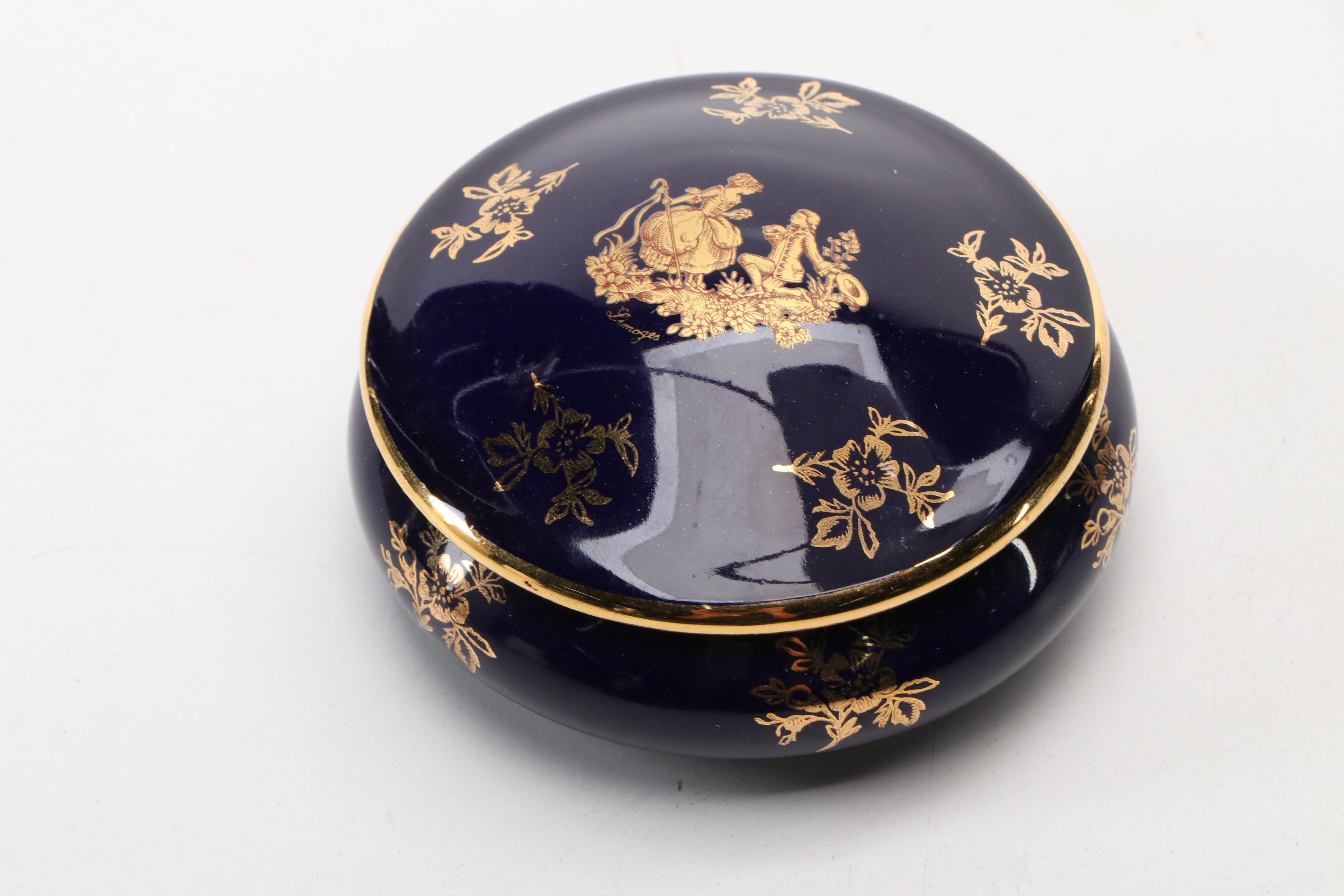 Castel French Limoges Cobalt Porcelain Boxes, Greek Porcelain & 24K Lidded Jar