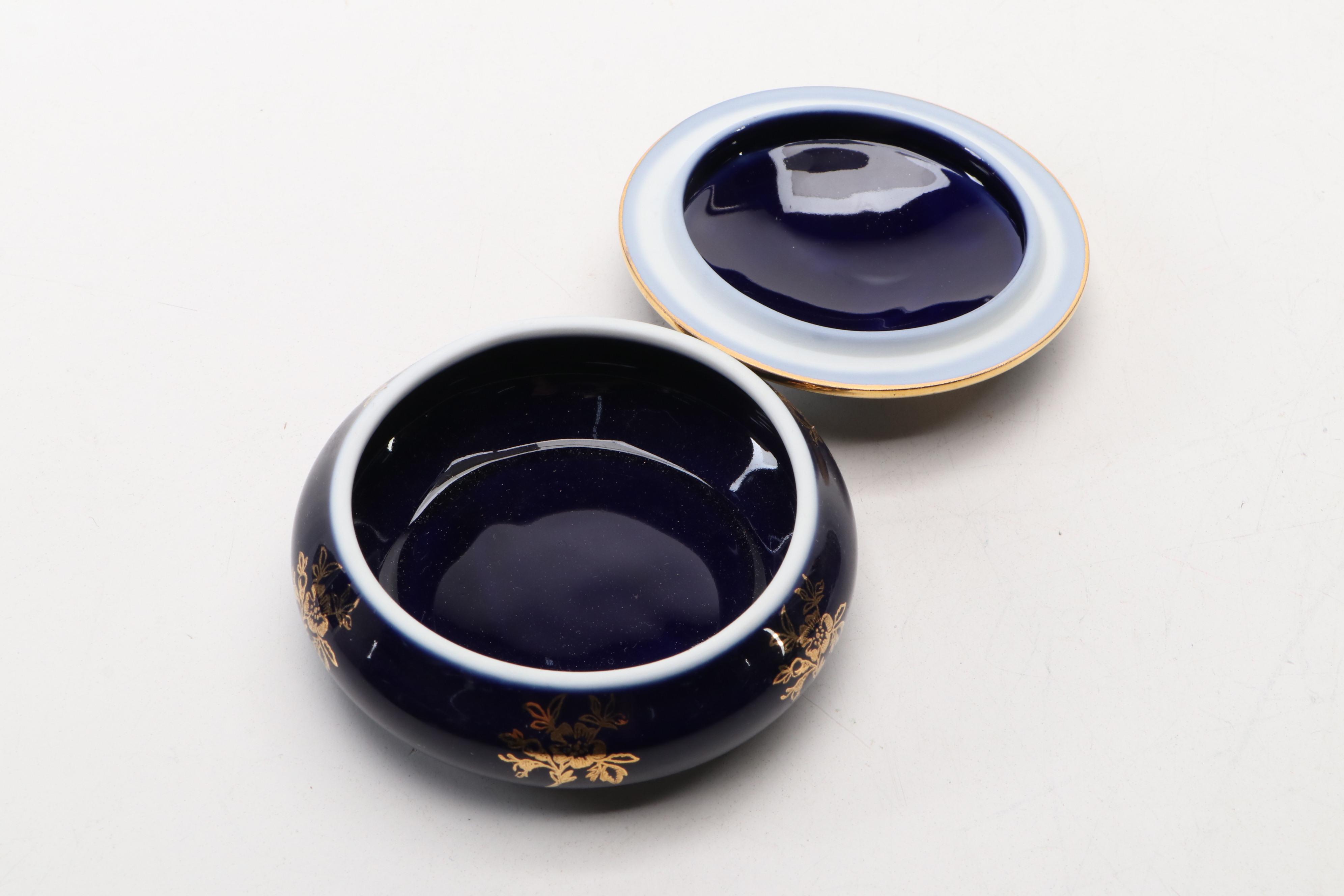 Castel French Limoges Cobalt Porcelain Boxes, Greek Porcelain & 24K Lidded Jar