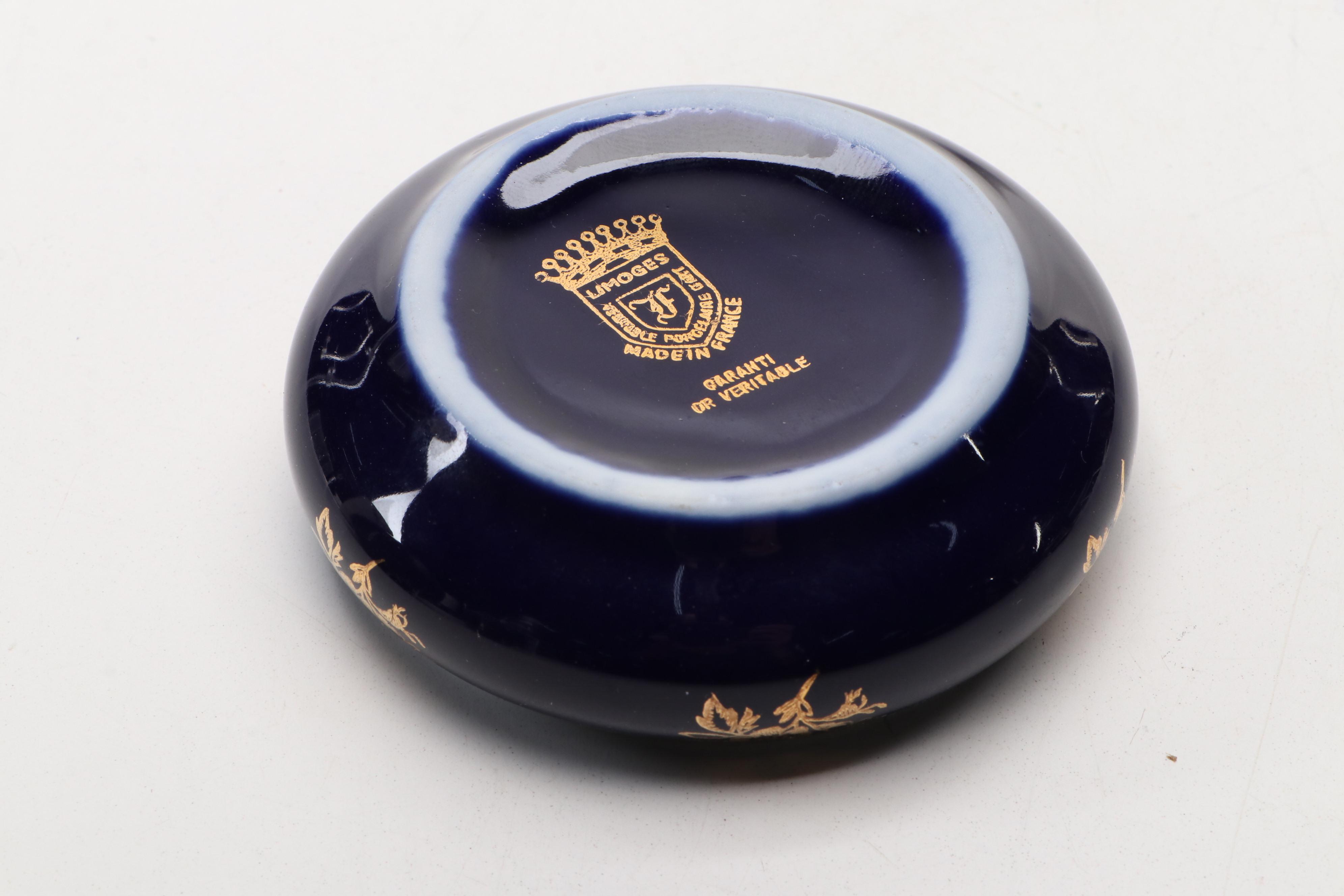 Castel French Limoges Cobalt Porcelain Boxes, Greek Porcelain & 24K Lidded Jar