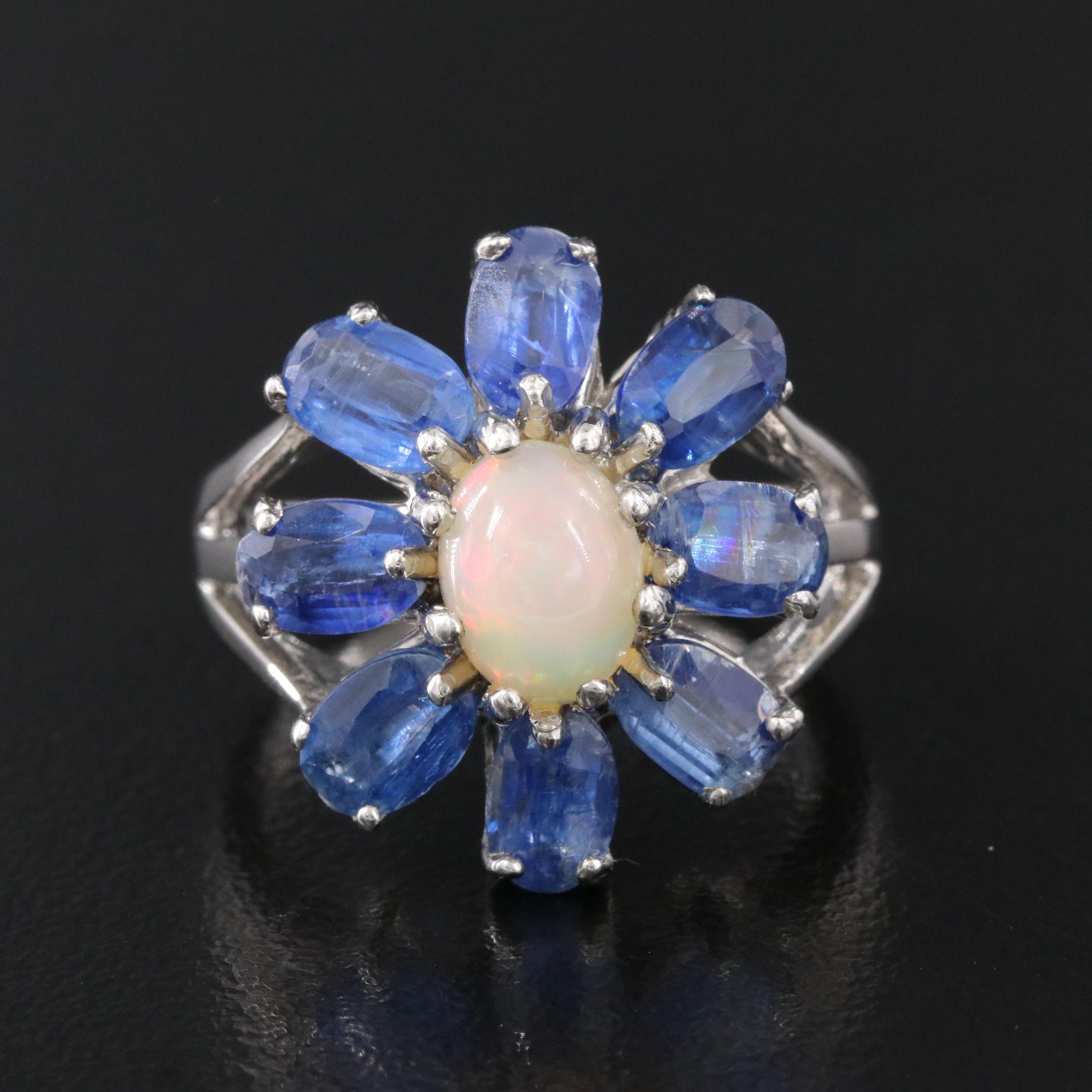 Sterling Opal and Kyanite Flower Ring