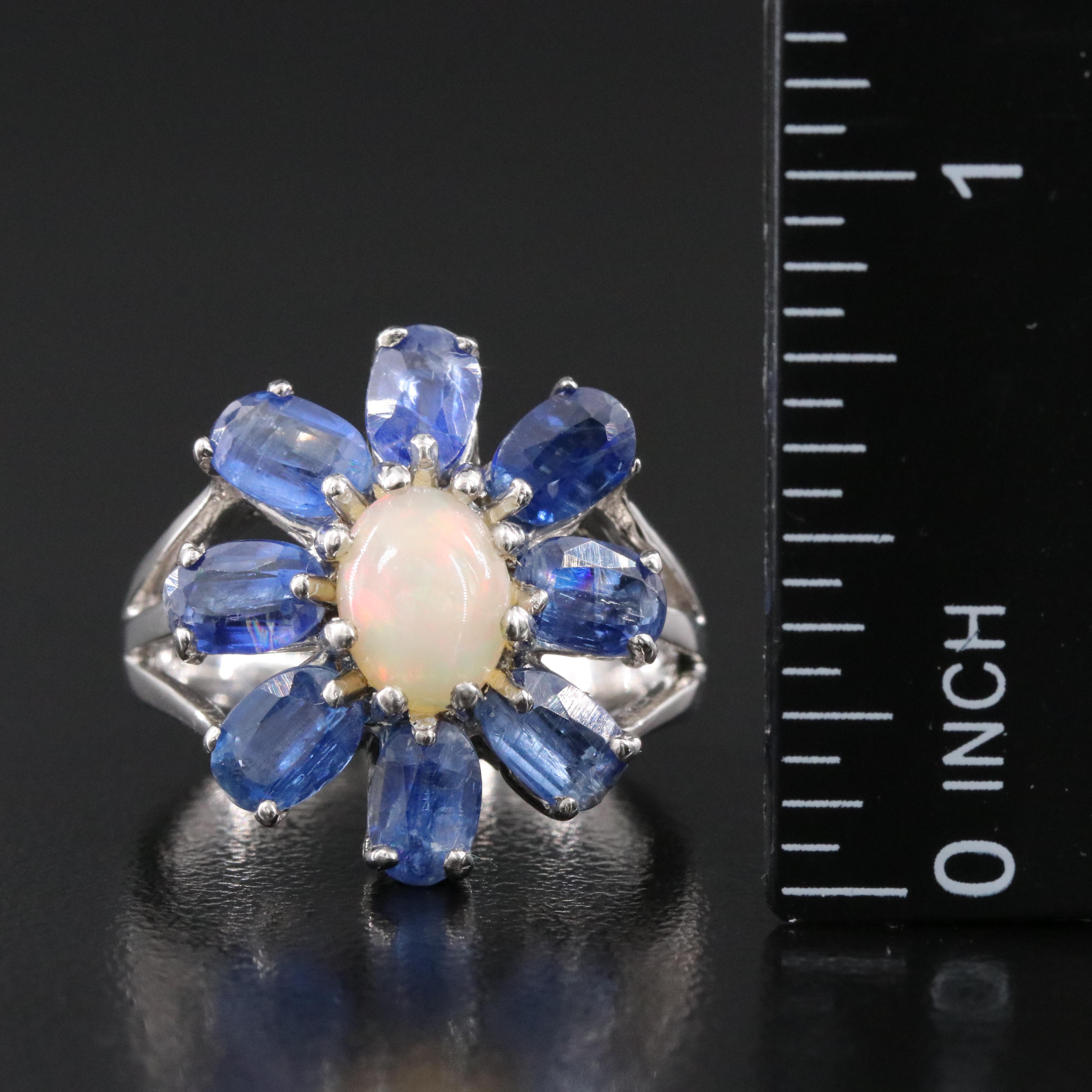 Sterling Opal and Kyanite Flower Ring