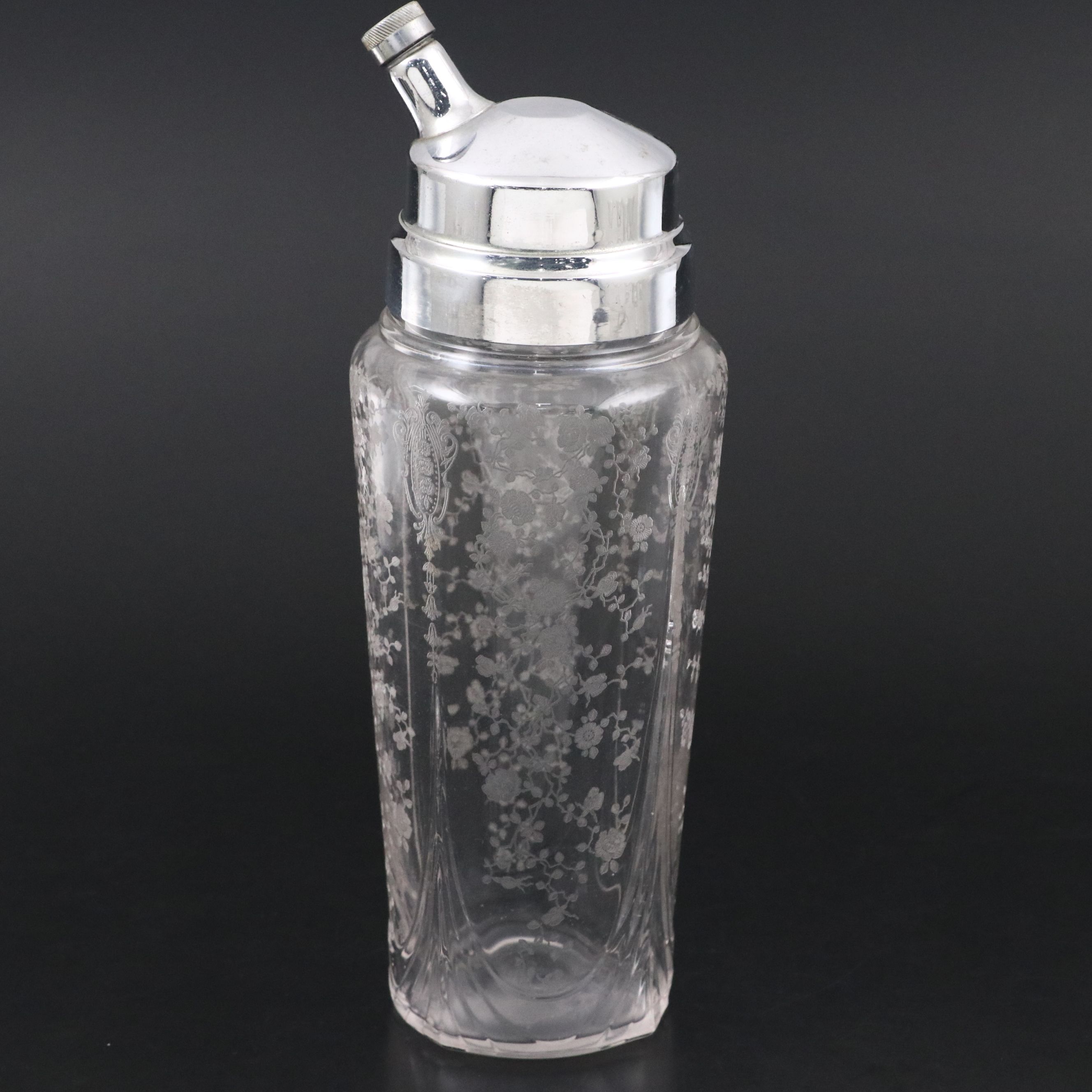 Cambridge "Rose Point" Cocktail Shaker and Liquor Cocktail Glasses, 1934–1958