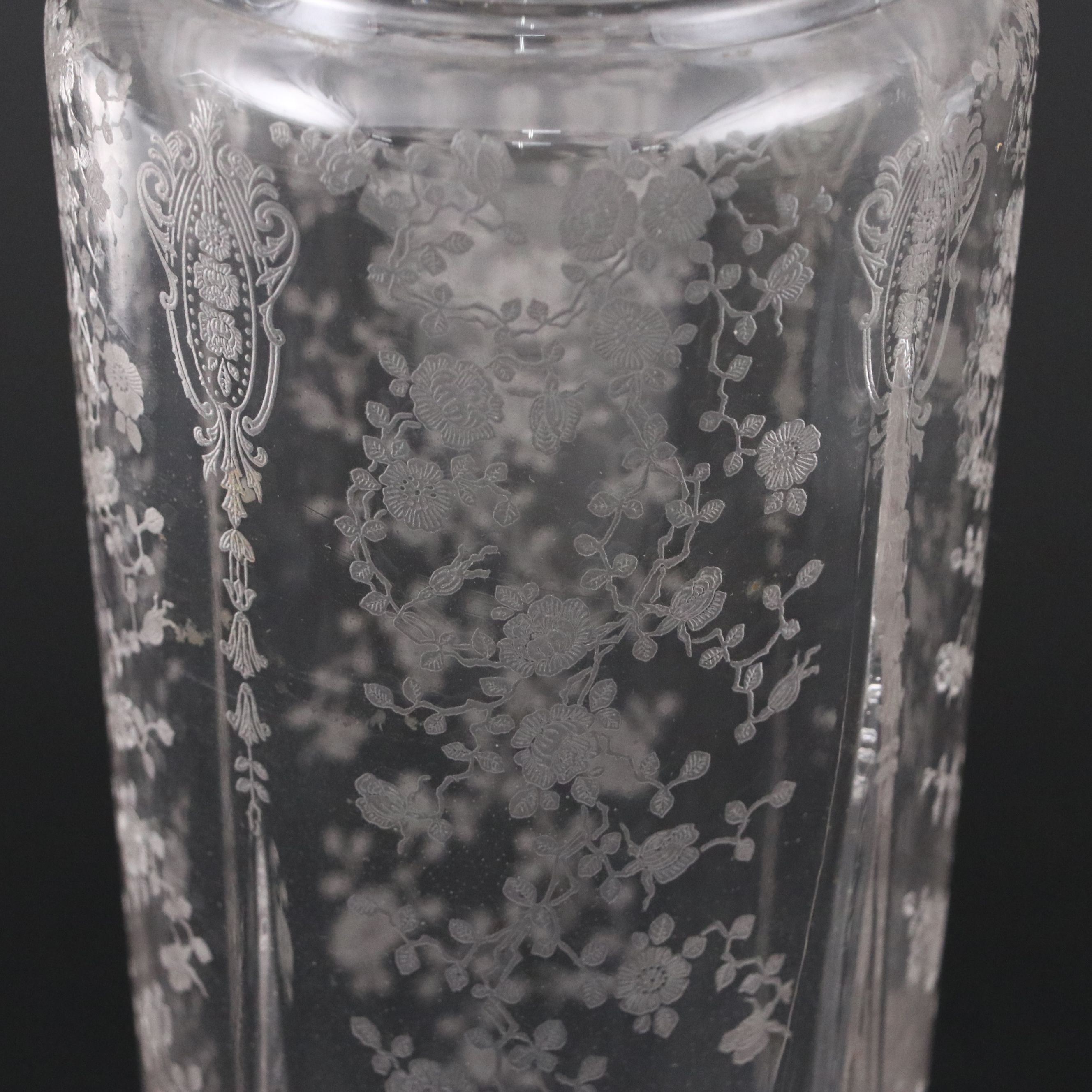 Cambridge "Rose Point" Cocktail Shaker and Liquor Cocktail Glasses, 1934–1958